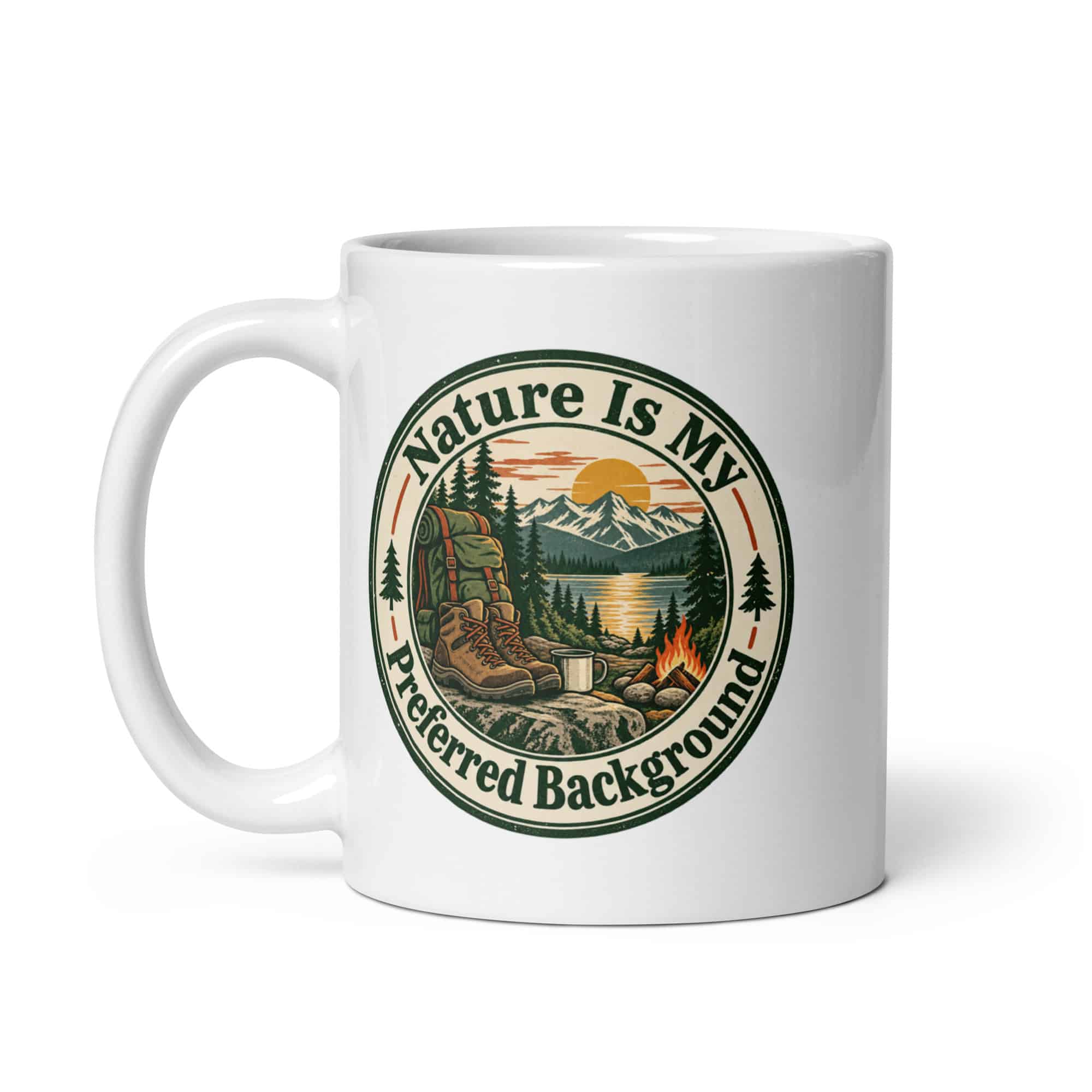 Nature and Adventure White Ceramic Coffee Mug: Nature Is My Preferred Background, Vintage Round Badge