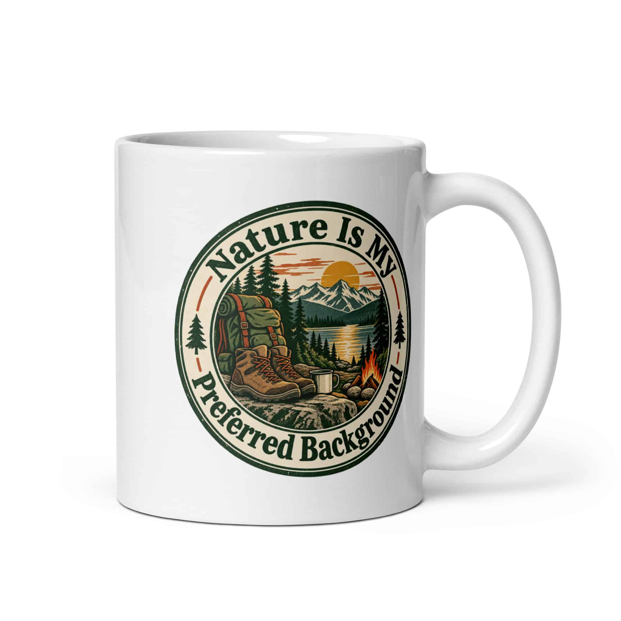 Nature and Adventure White Ceramic Coffee Mug: Nature Is My Preferred Background, Vintage Round Badge