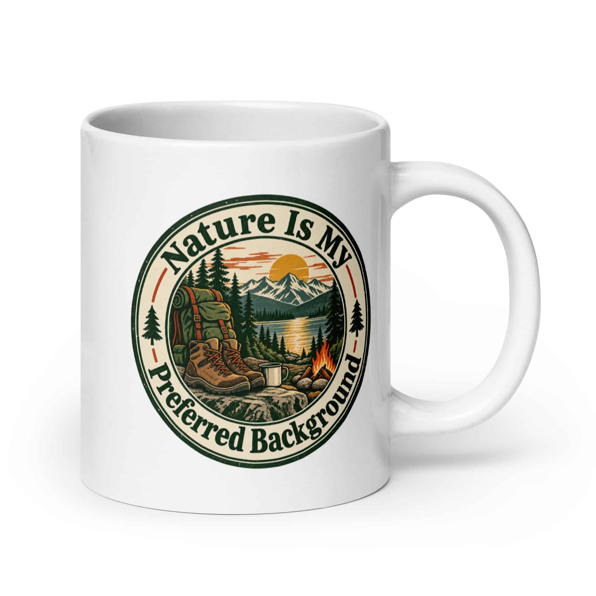 Nature and Adventure White Ceramic Coffee Mug: Nature Is My Preferred Background, Vintage Round Badge
