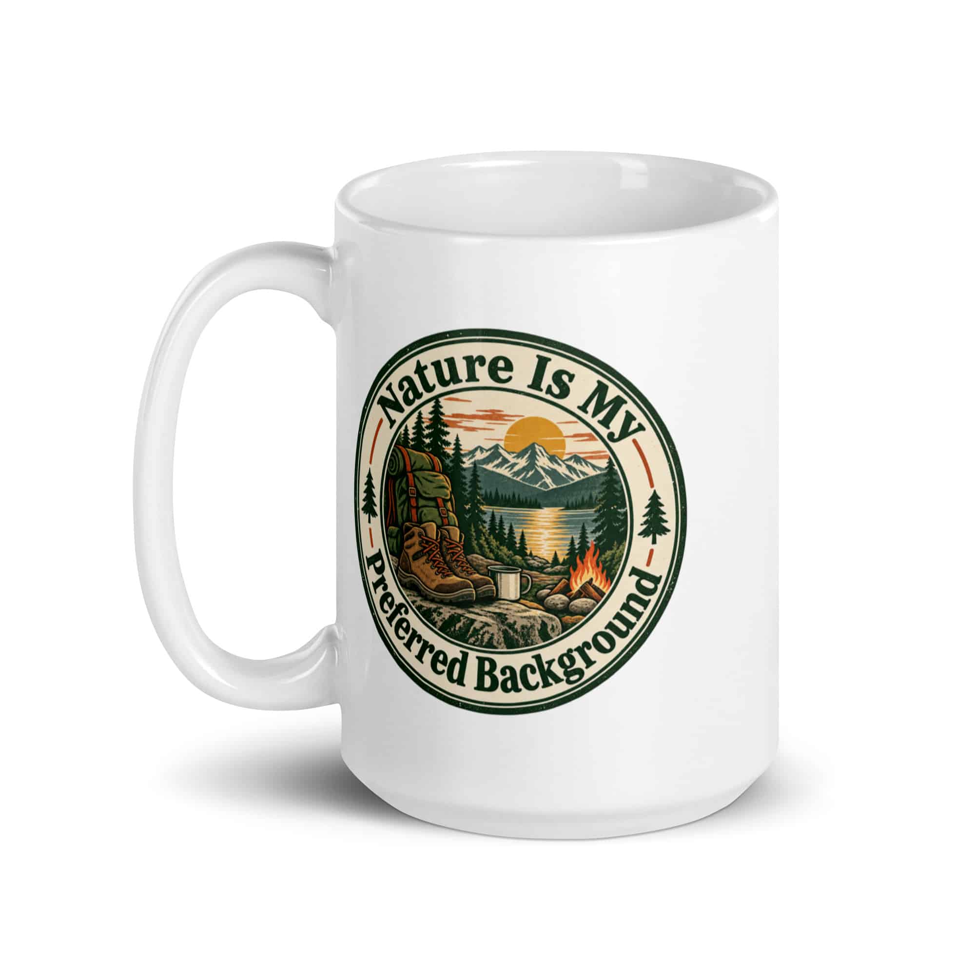 Nature and Adventure White Ceramic Coffee Mug: Nature Is My Preferred Background, Vintage Round Badge
