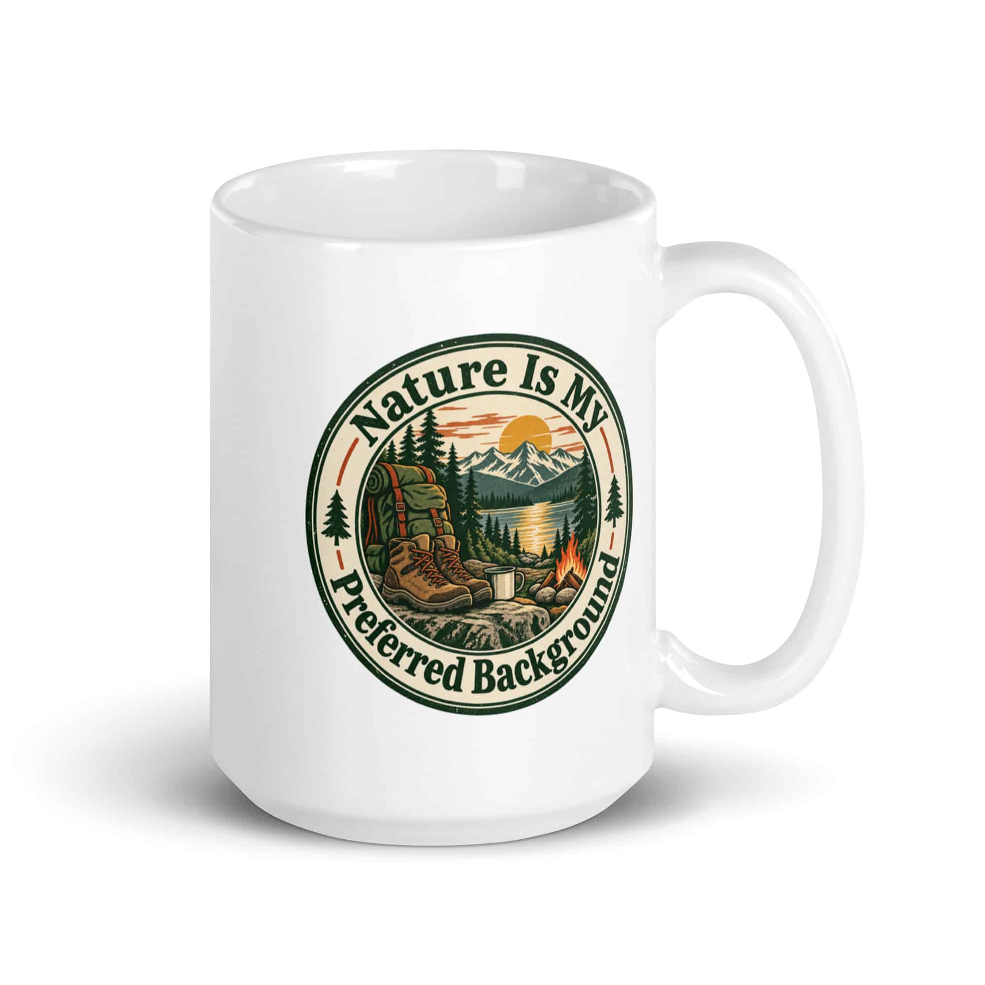 Nature and Adventure White Ceramic Coffee Mug: Nature Is My Preferred Background, Vintage Round Badge
