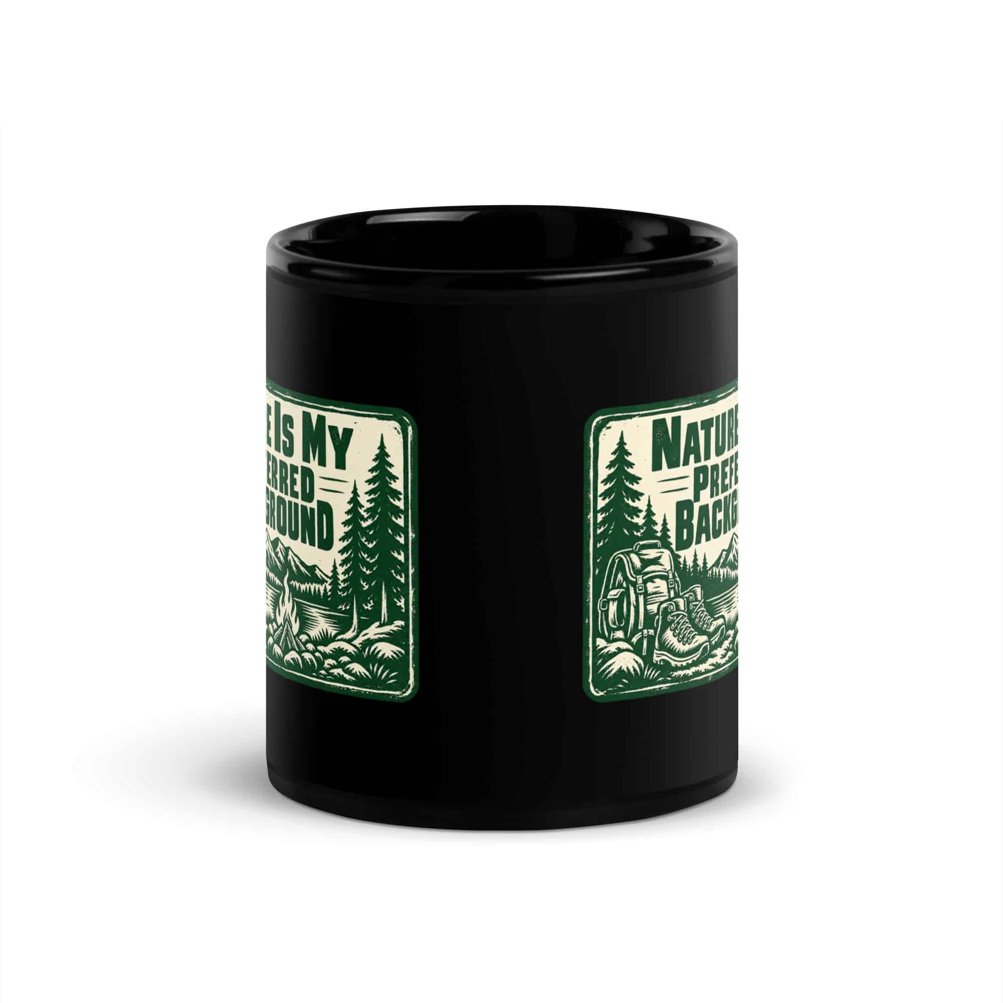 Nature and Adventure Black Coffee Mug: Nature Is My Preferred Background, Forest Ink Stamp