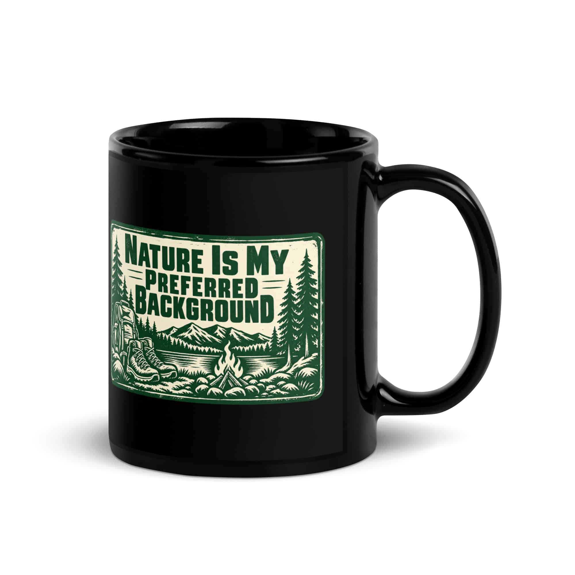 Nature and Adventure Black Coffee Mug: Nature Is My Preferred Background, Forest Ink Stamp