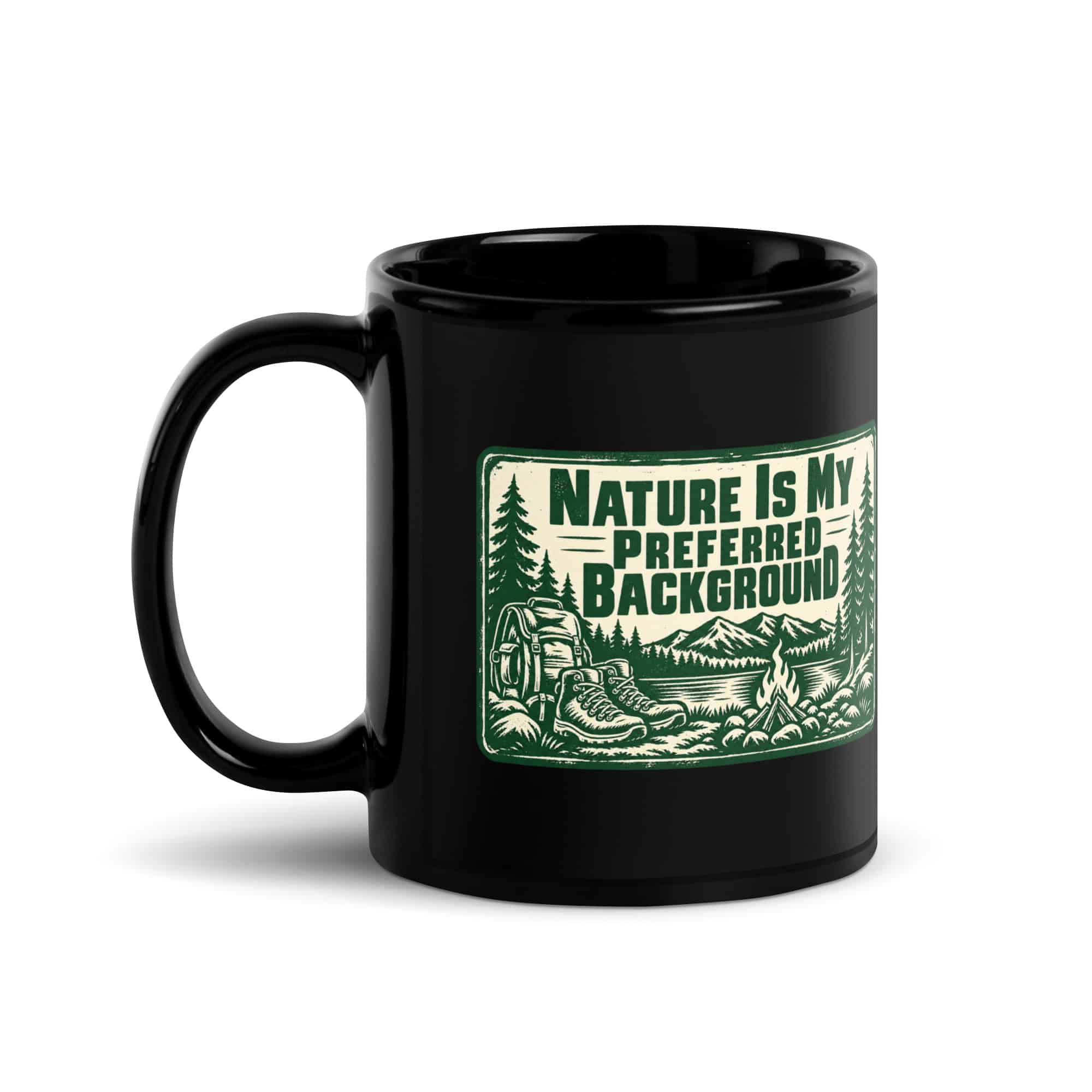 Nature and Adventure Black Coffee Mug: Nature Is My Preferred Background, Forest Ink Stamp