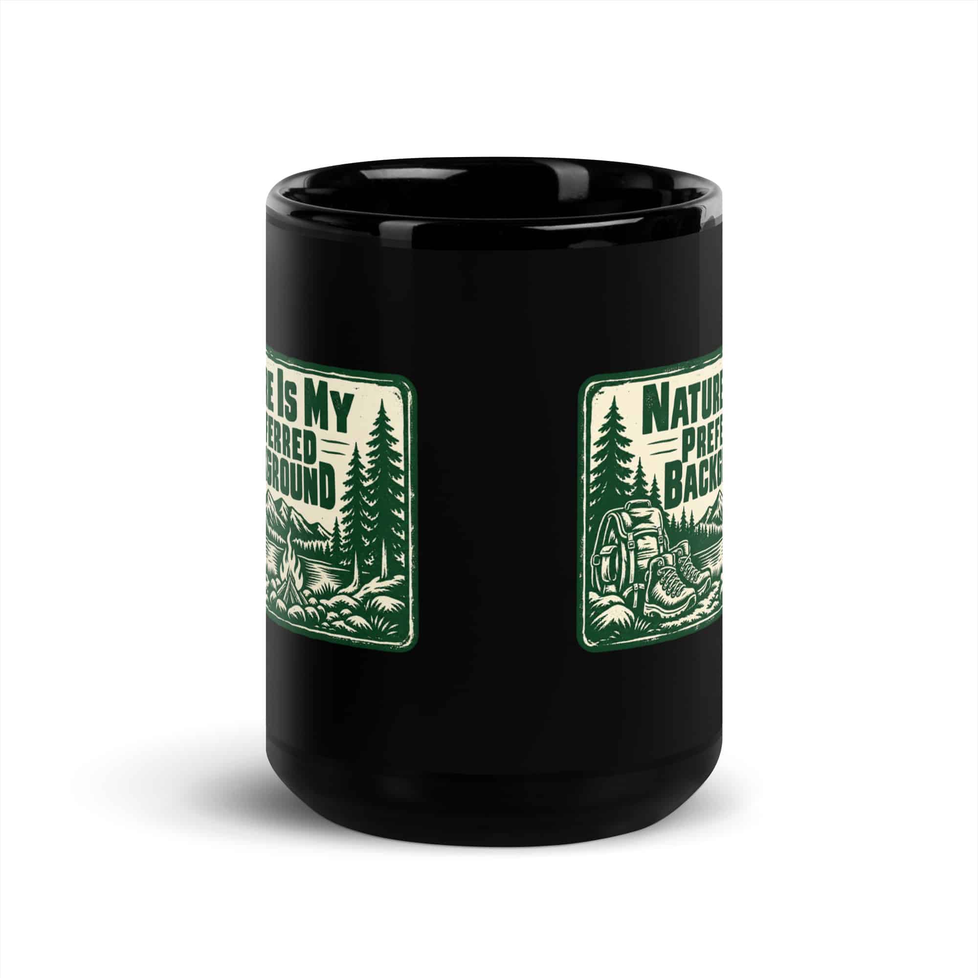 Nature and Adventure Black Coffee Mug: Nature Is My Preferred Background, Forest Ink Stamp