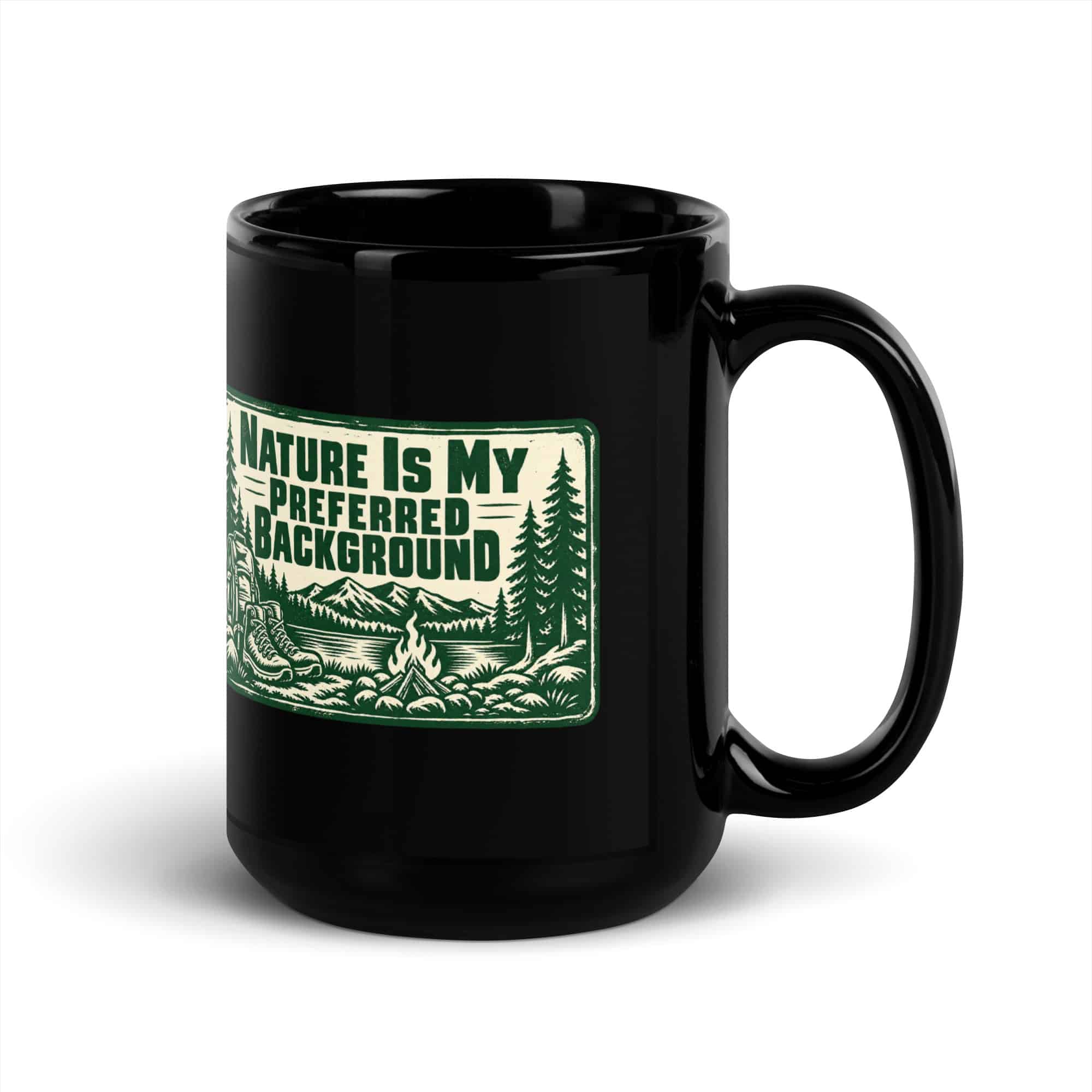 Nature and Adventure Black Coffee Mug: Nature Is My Preferred Background, Forest Ink Stamp