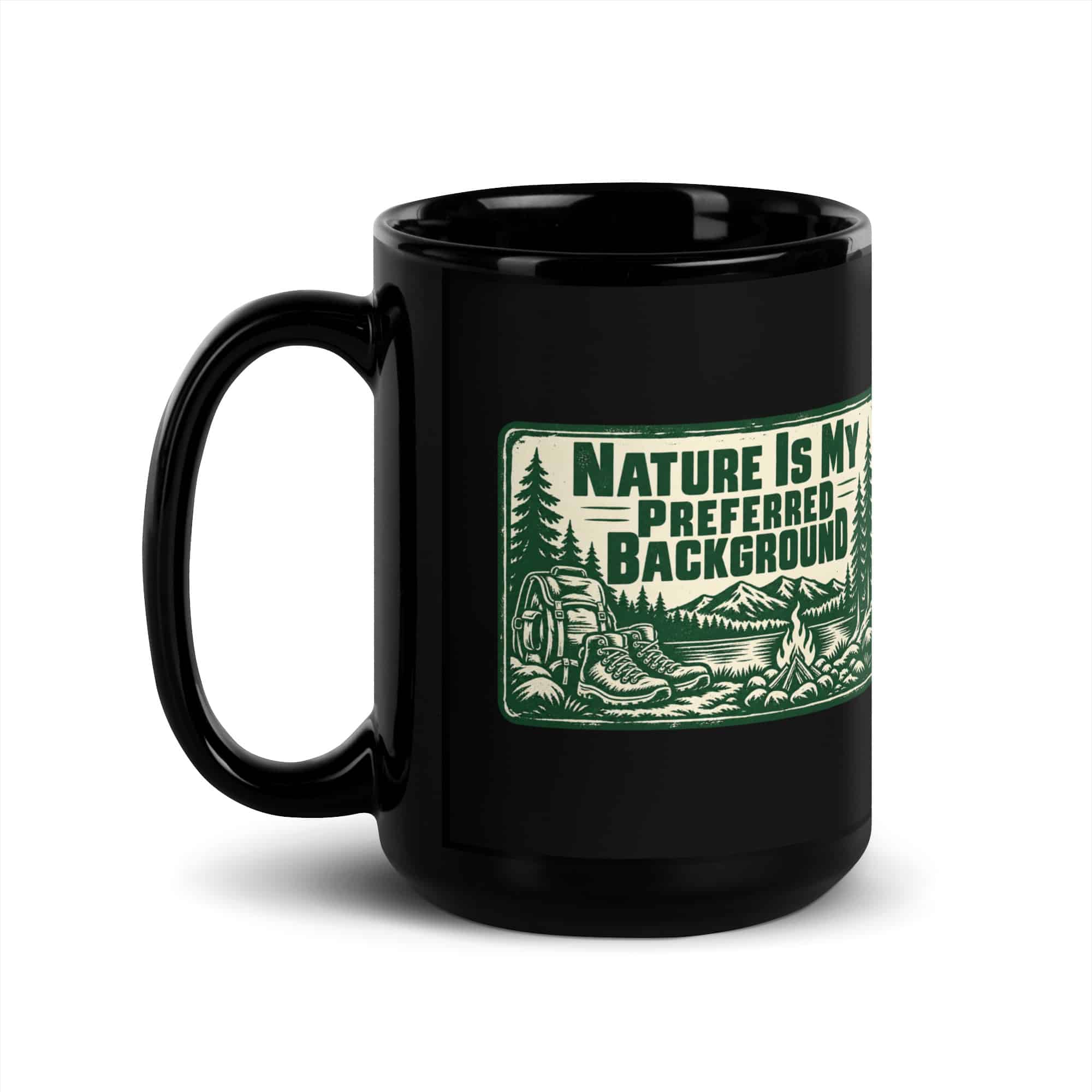 Nature and Adventure Black Coffee Mug: Nature Is My Preferred Background, Forest Ink Stamp