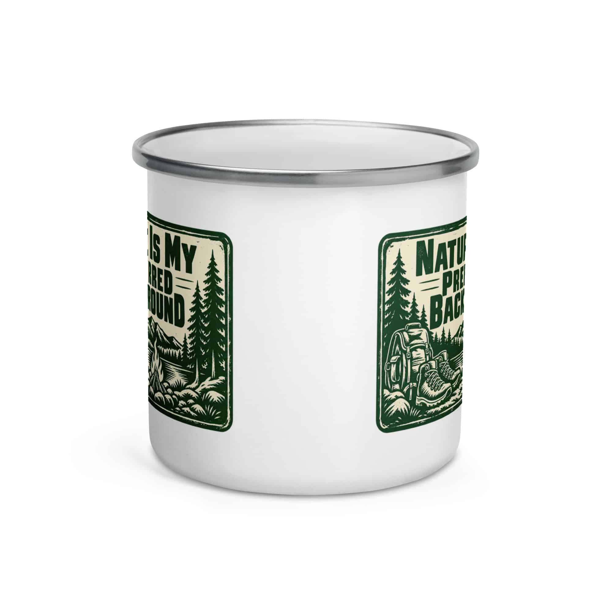 Nature and Adventure Enamel Camp Mug: Nature Is My Preferred Background, Forest Ink Stamp