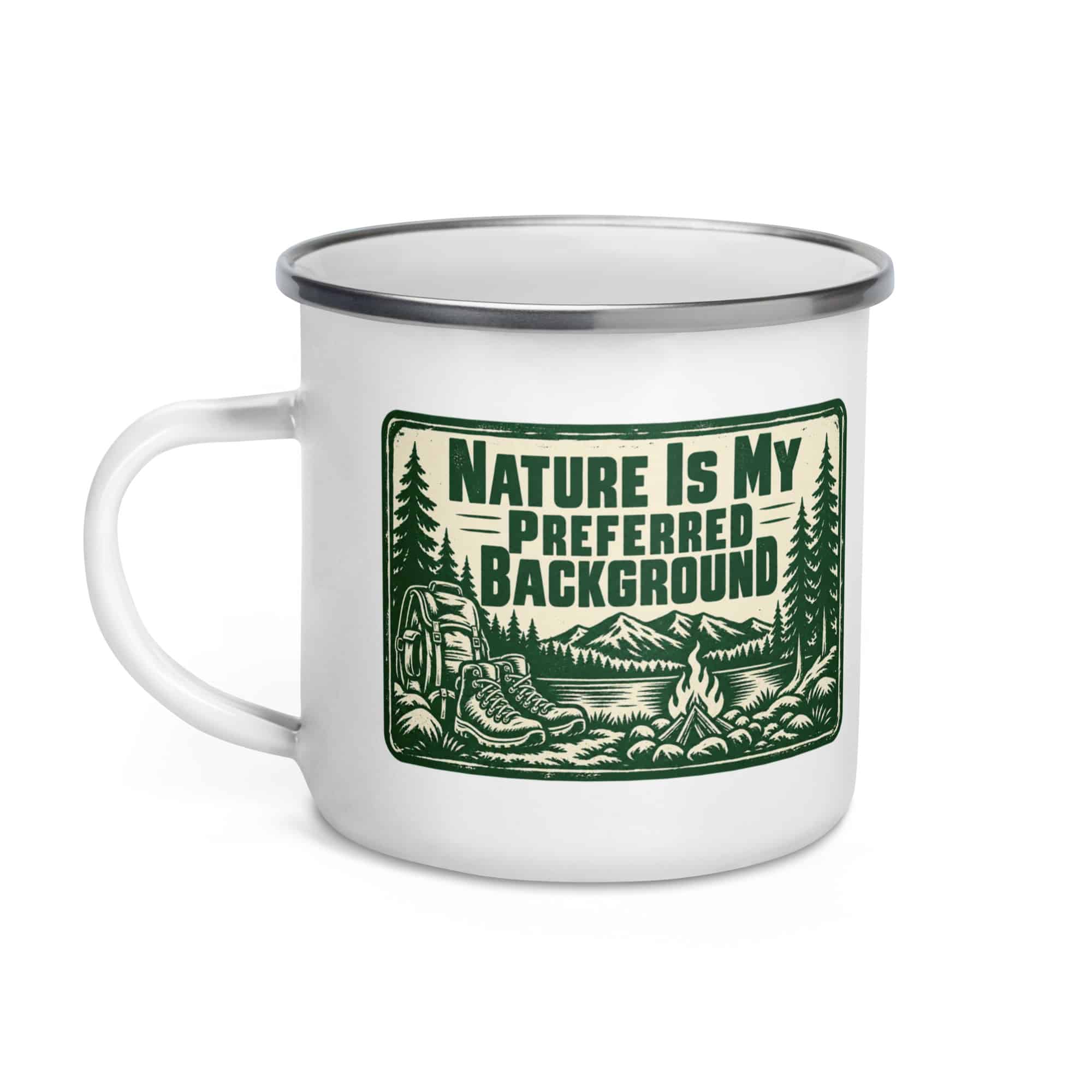 Nature and Adventure Enamel Camp Mug: Nature Is My Preferred Background, Forest Ink Stamp