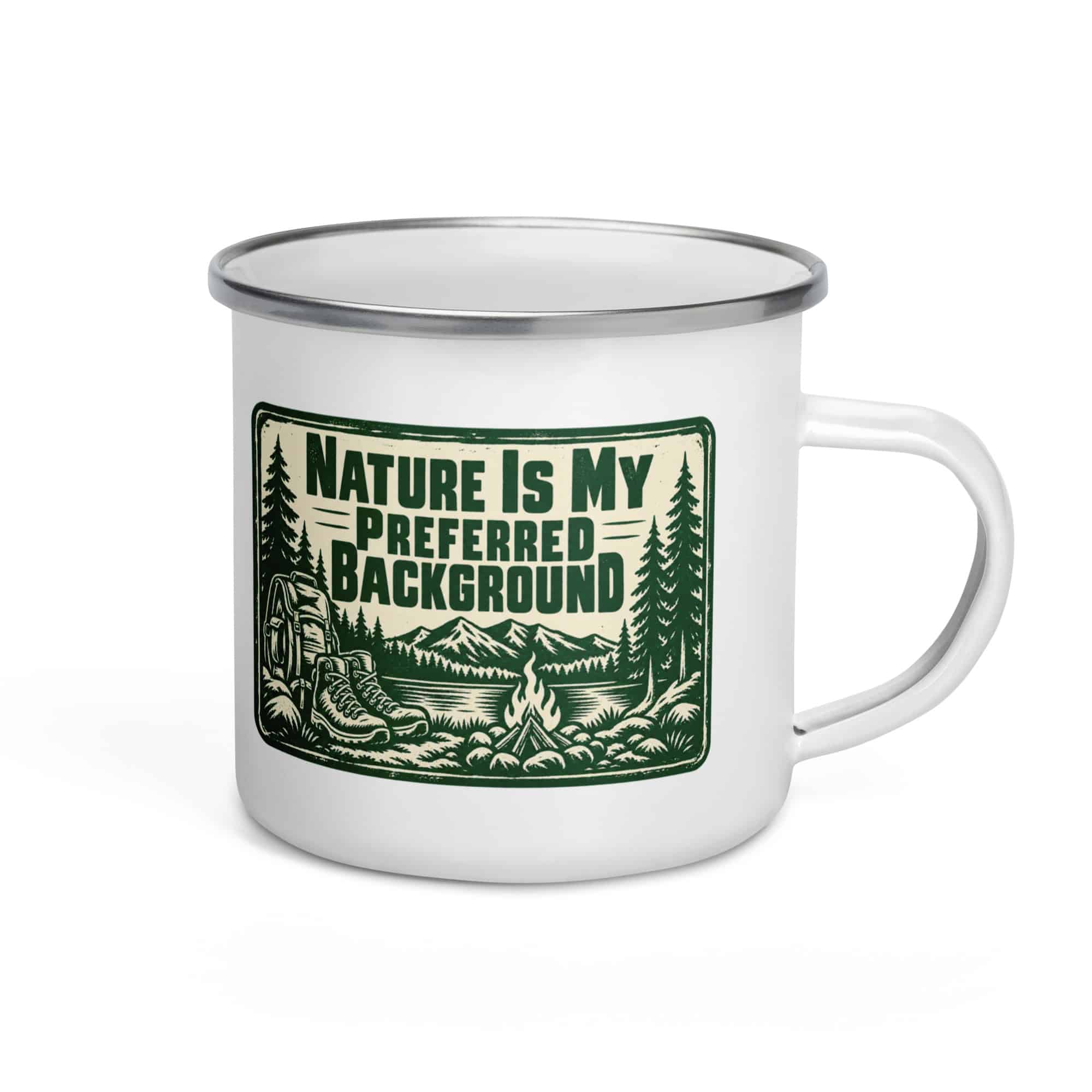 Nature and Adventure Enamel Camp Mug: Nature Is My Preferred Background, Forest Ink Stamp