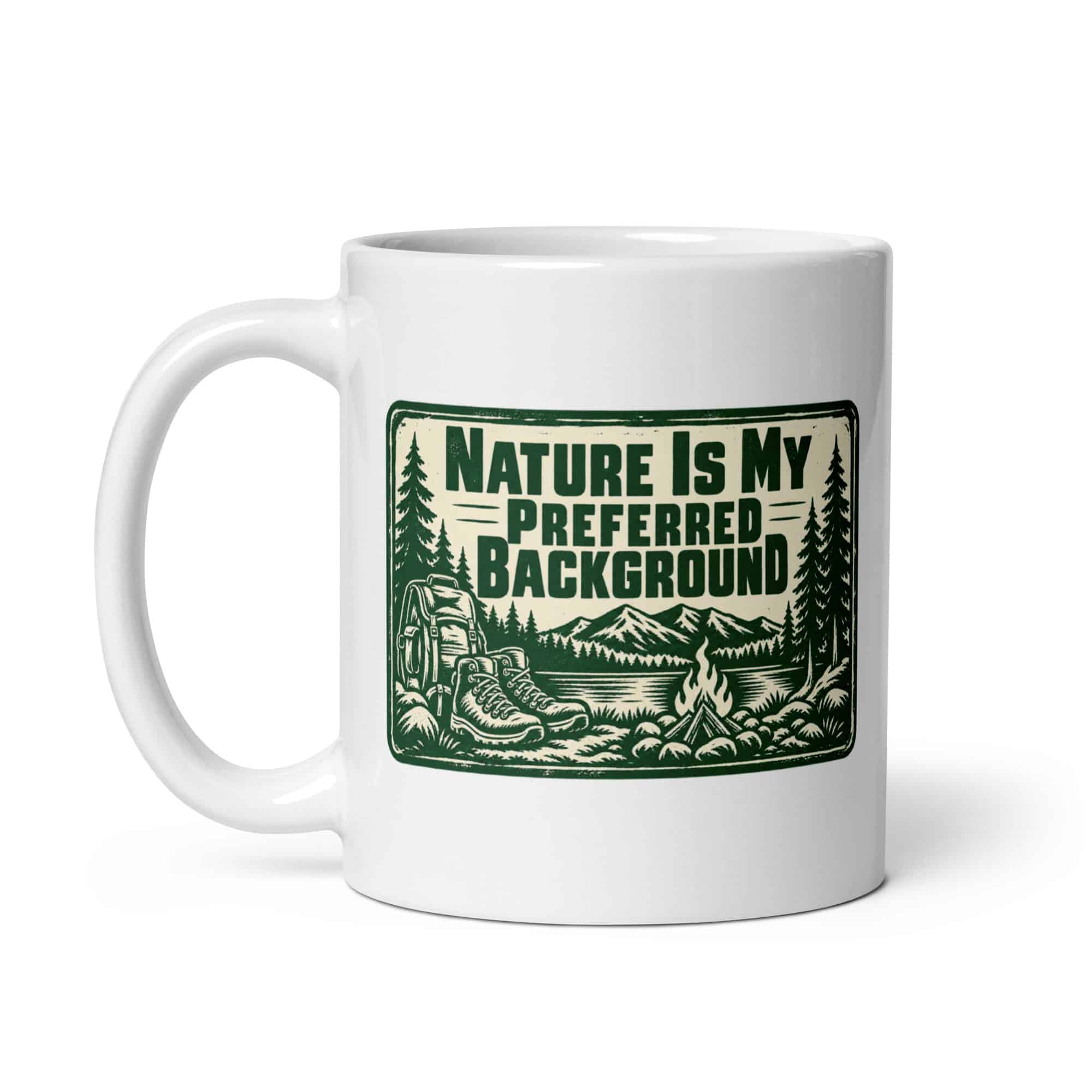Nature and Adventure White Ceramic Coffee Mug: Nature Is My Preferred Background, Forest Ink Stamp