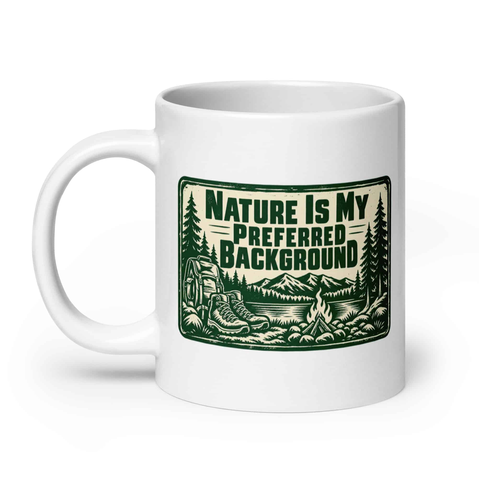 Nature and Adventure White Ceramic Coffee Mug: Nature Is My Preferred Background, Forest Ink Stamp