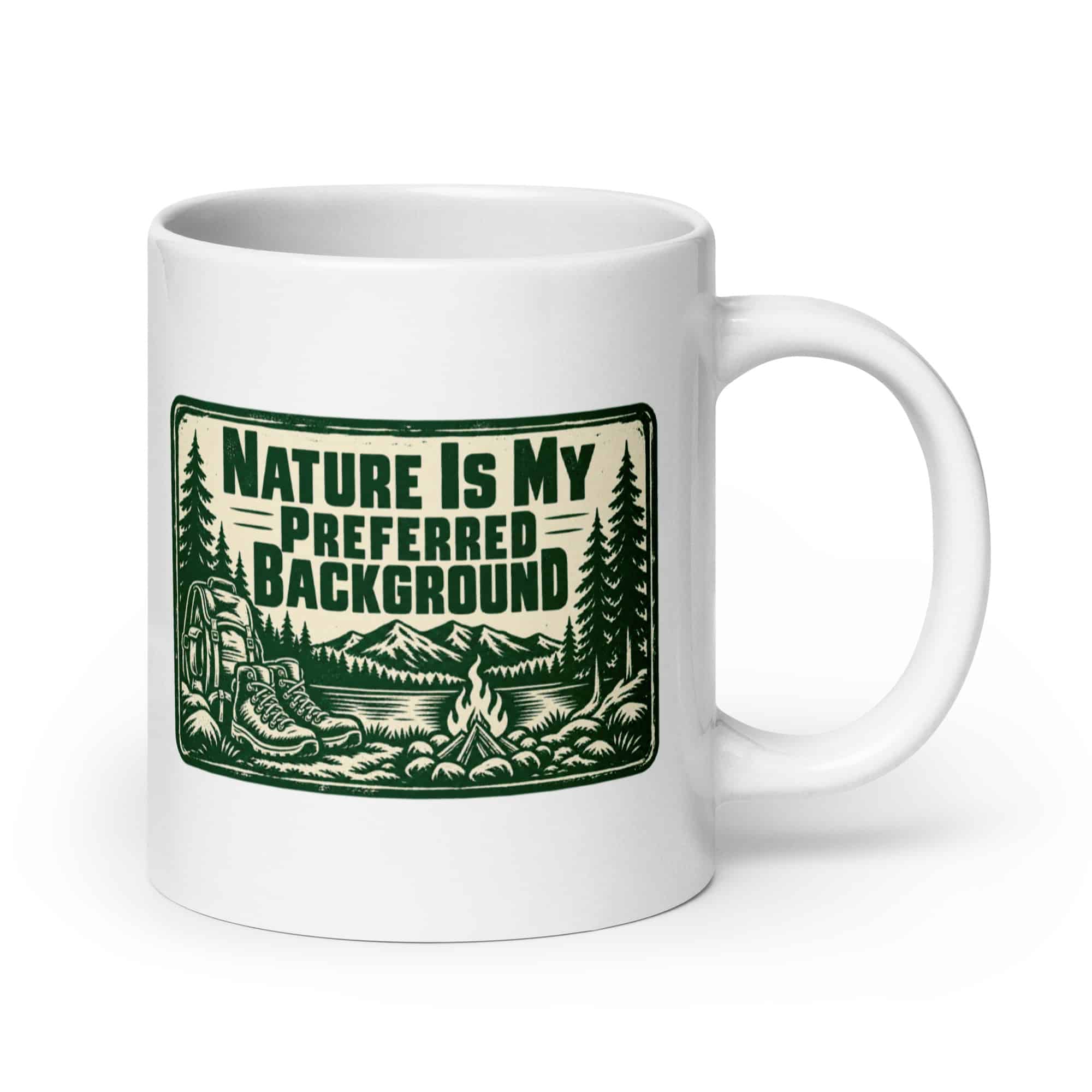 Nature and Adventure White Ceramic Coffee Mug: Nature Is My Preferred Background, Forest Ink Stamp