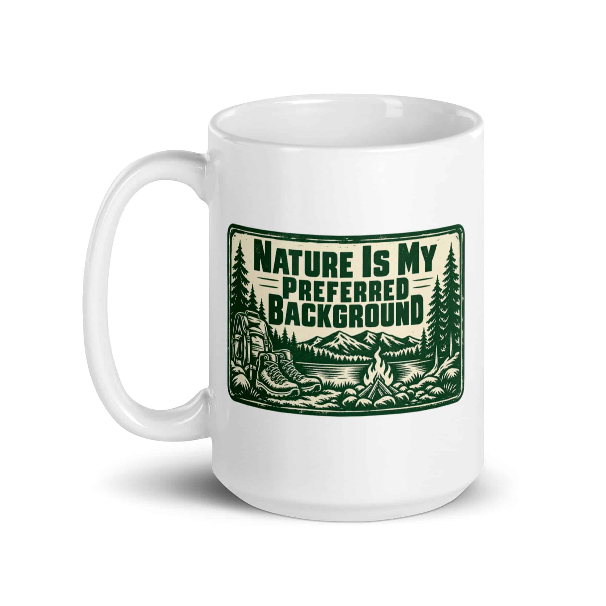 Nature and Adventure White Ceramic Coffee Mug: Nature Is My Preferred Background, Forest Ink Stamp