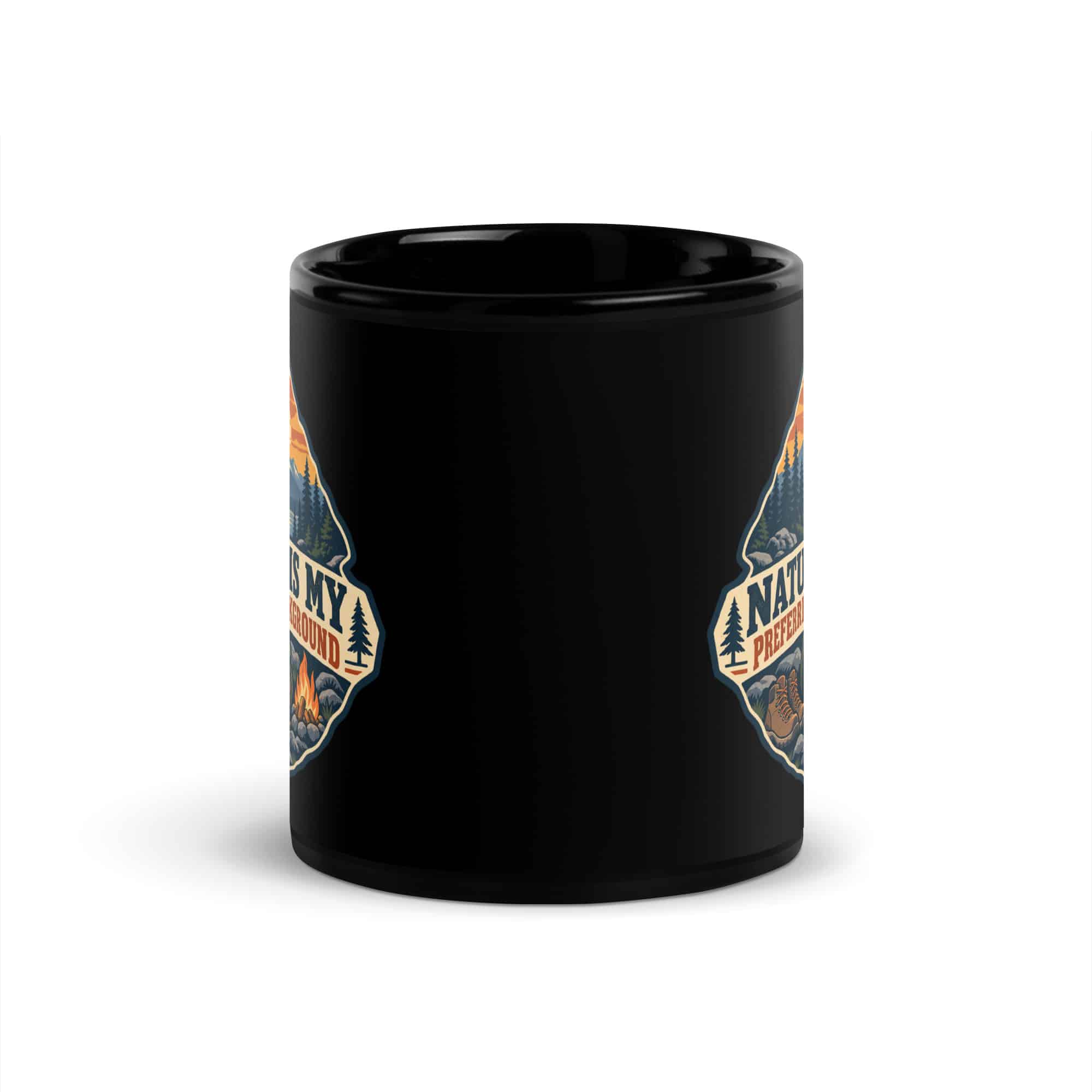 Nature and Adventure Black Coffee Mug: Nature Is My Preferred Background, Scenic Shield Badge