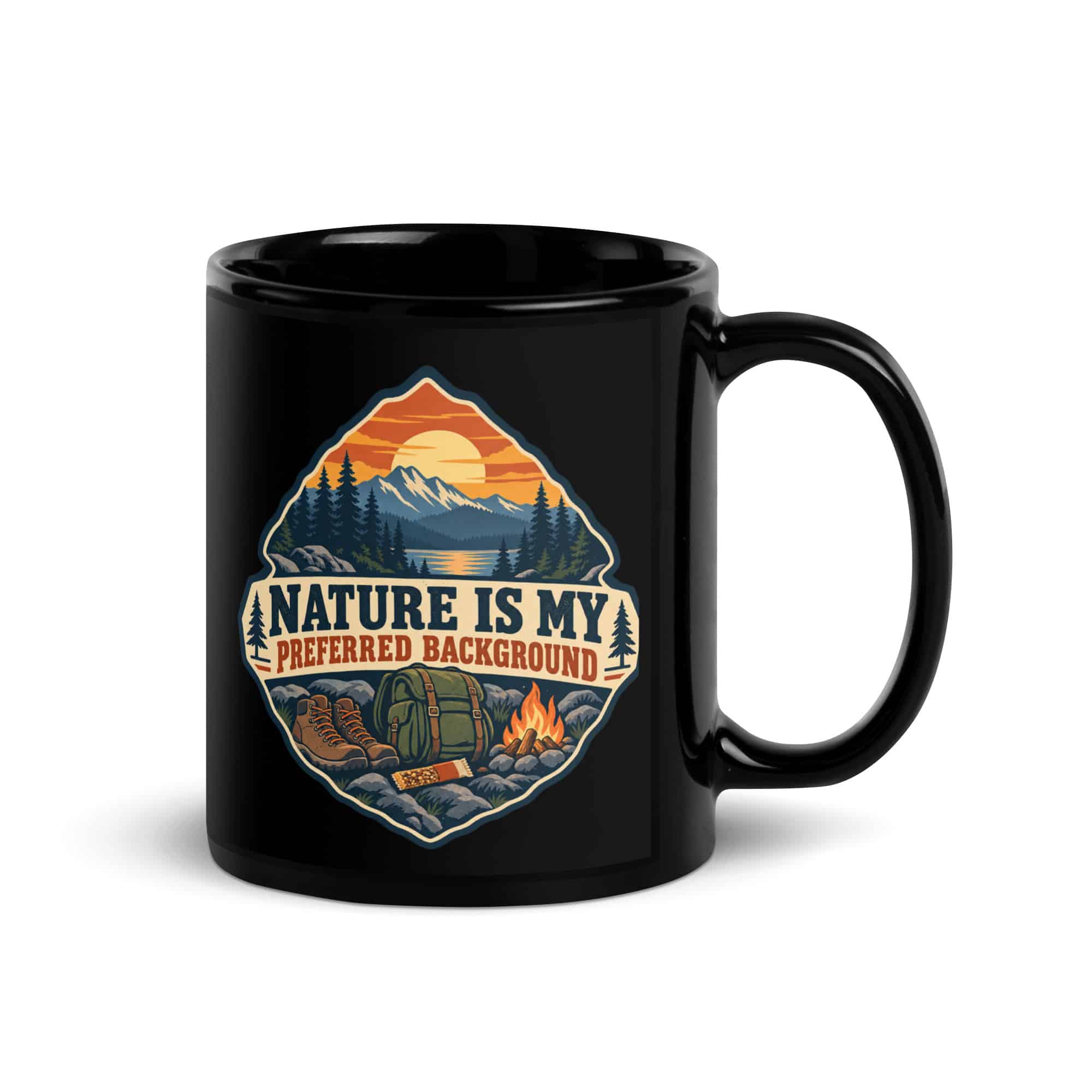 Nature and Adventure Black Coffee Mug: Nature Is My Preferred Background, Scenic Shield Badge