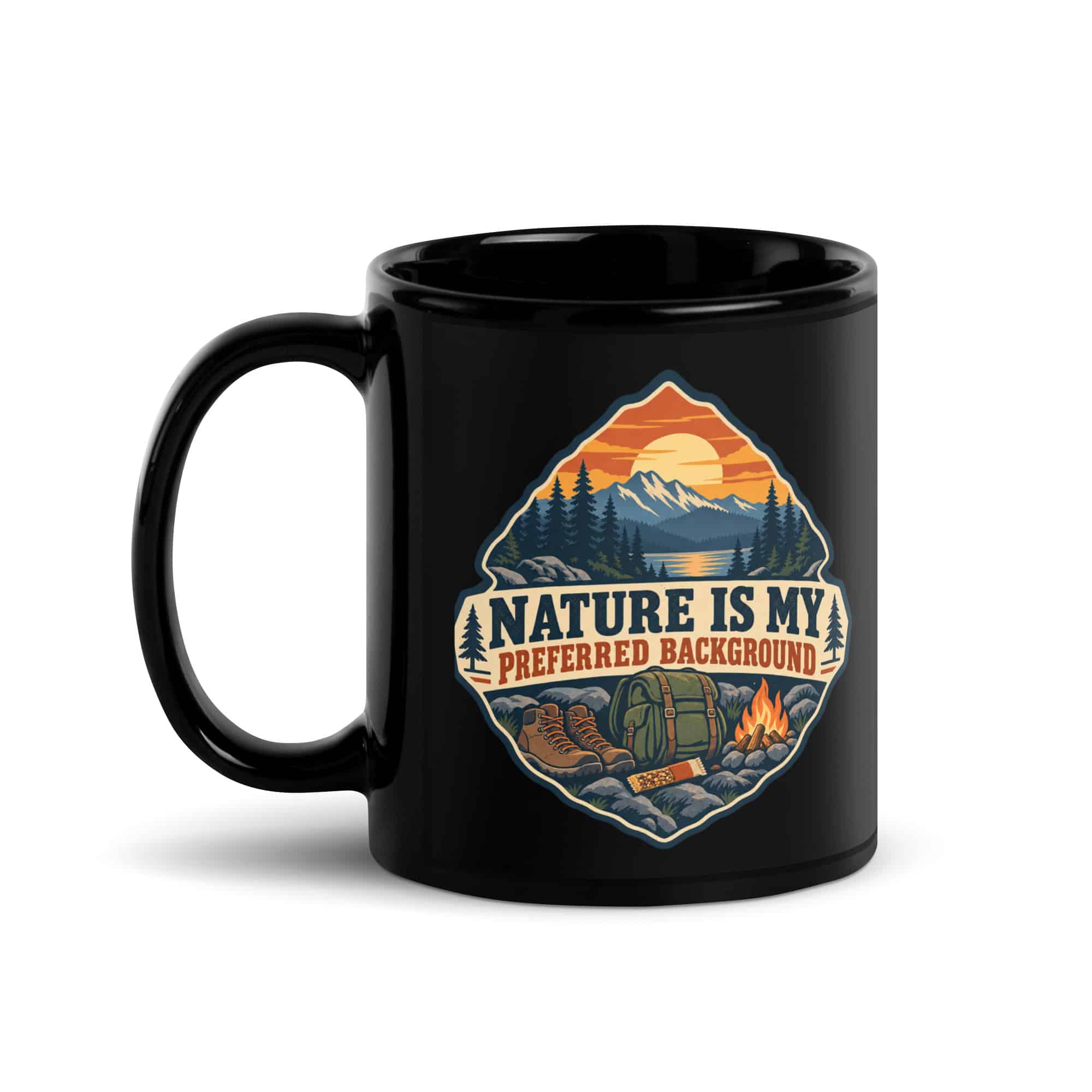 Nature and Adventure Black Coffee Mug: Nature Is My Preferred Background, Scenic Shield Badge