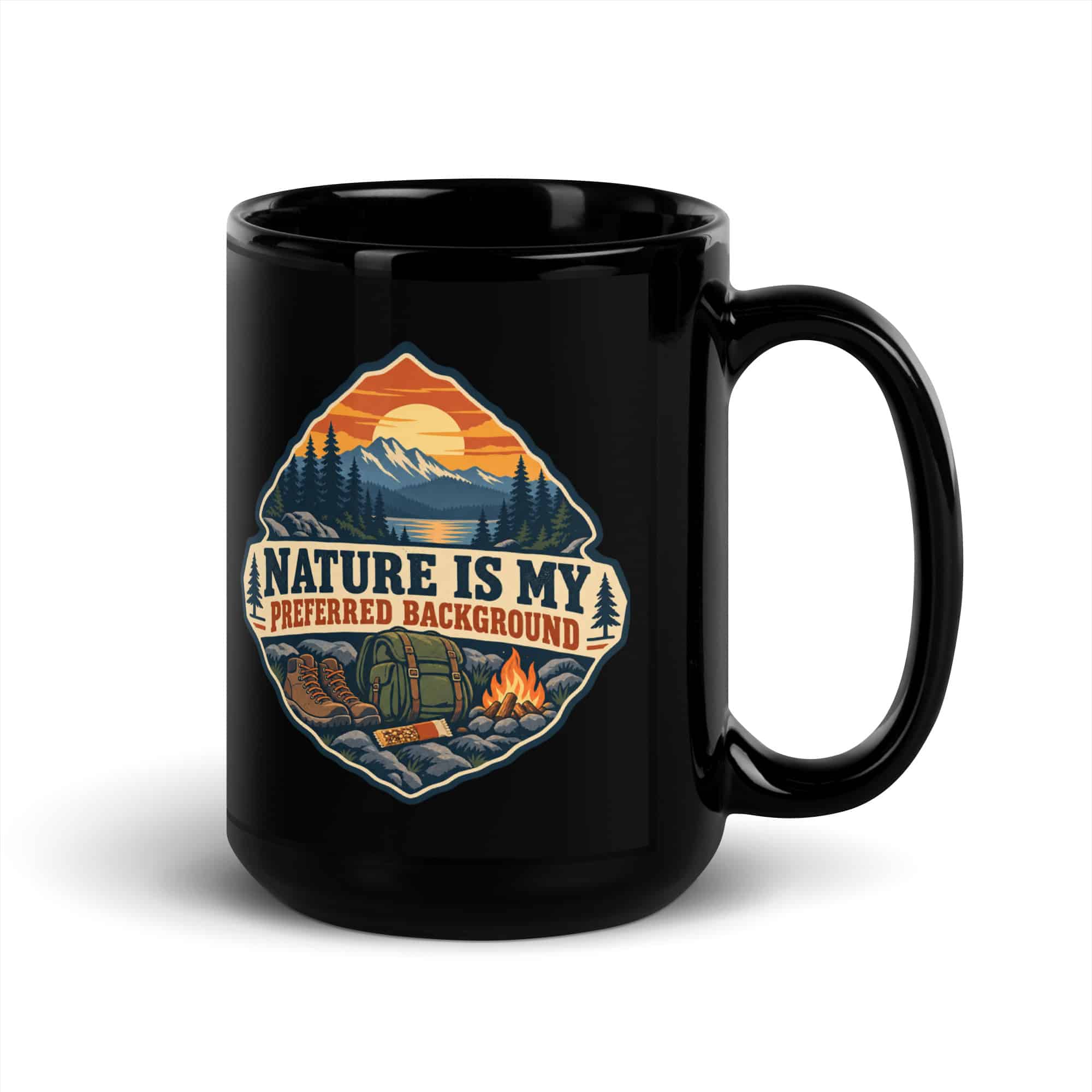 Nature and Adventure Black Coffee Mug: Nature Is My Preferred Background, Scenic Shield Badge