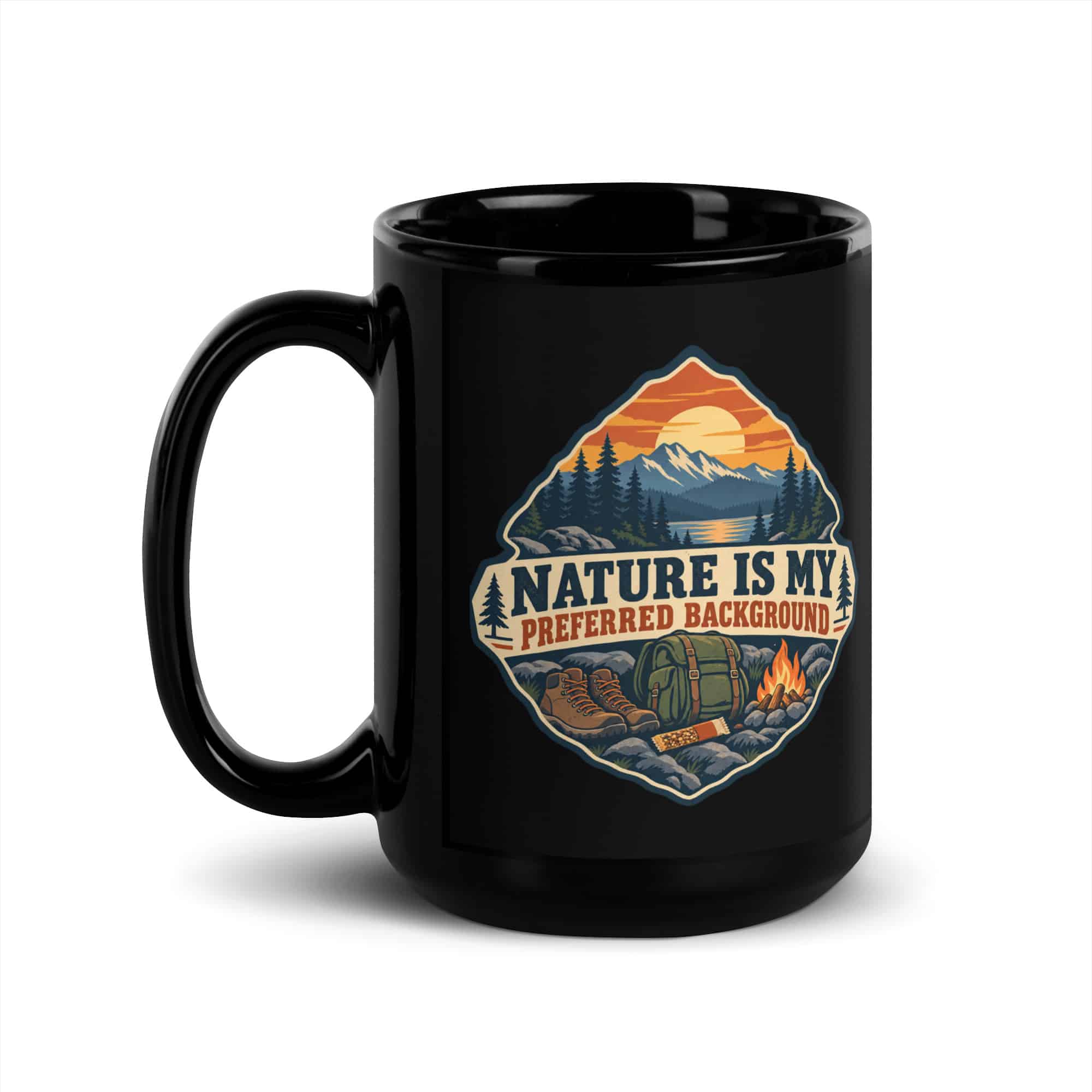 Nature and Adventure Black Coffee Mug: Nature Is My Preferred Background, Scenic Shield Badge