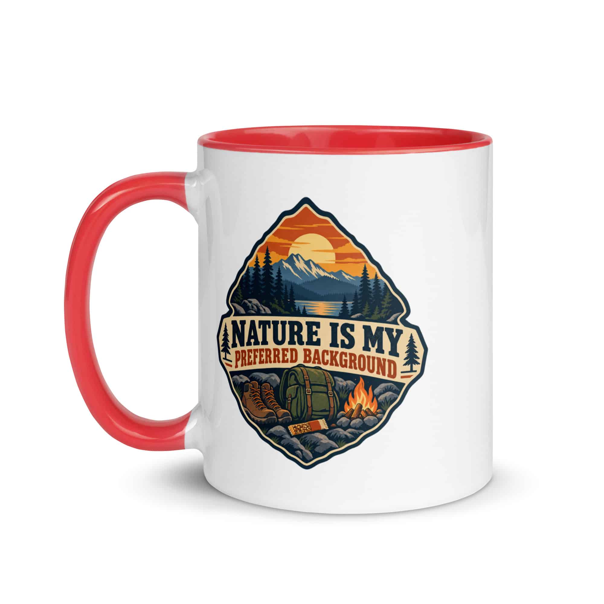 Nature and Adventure Color Inside Coffee Mug: Nature Is My Preferred Background, Scenic Shield Badge
