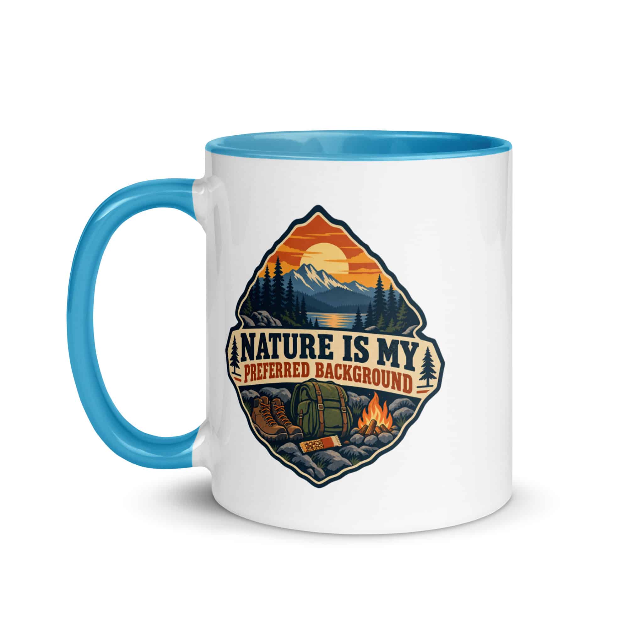 Nature and Adventure Color Inside Coffee Mug: Nature Is My Preferred Background, Scenic Shield Badge
