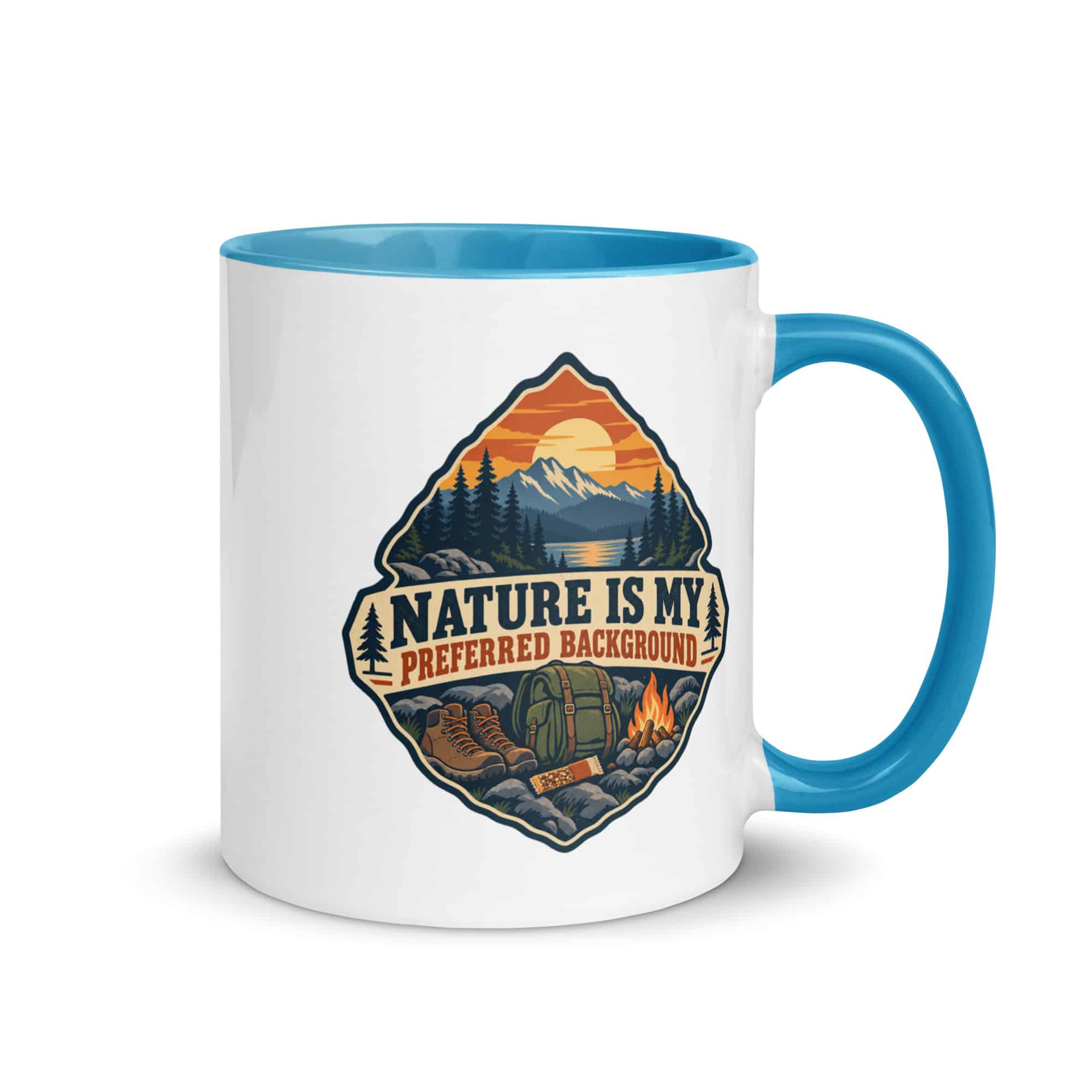 Nature and Adventure Color Inside Coffee Mug: Nature Is My Preferred Background, Scenic Shield Badge