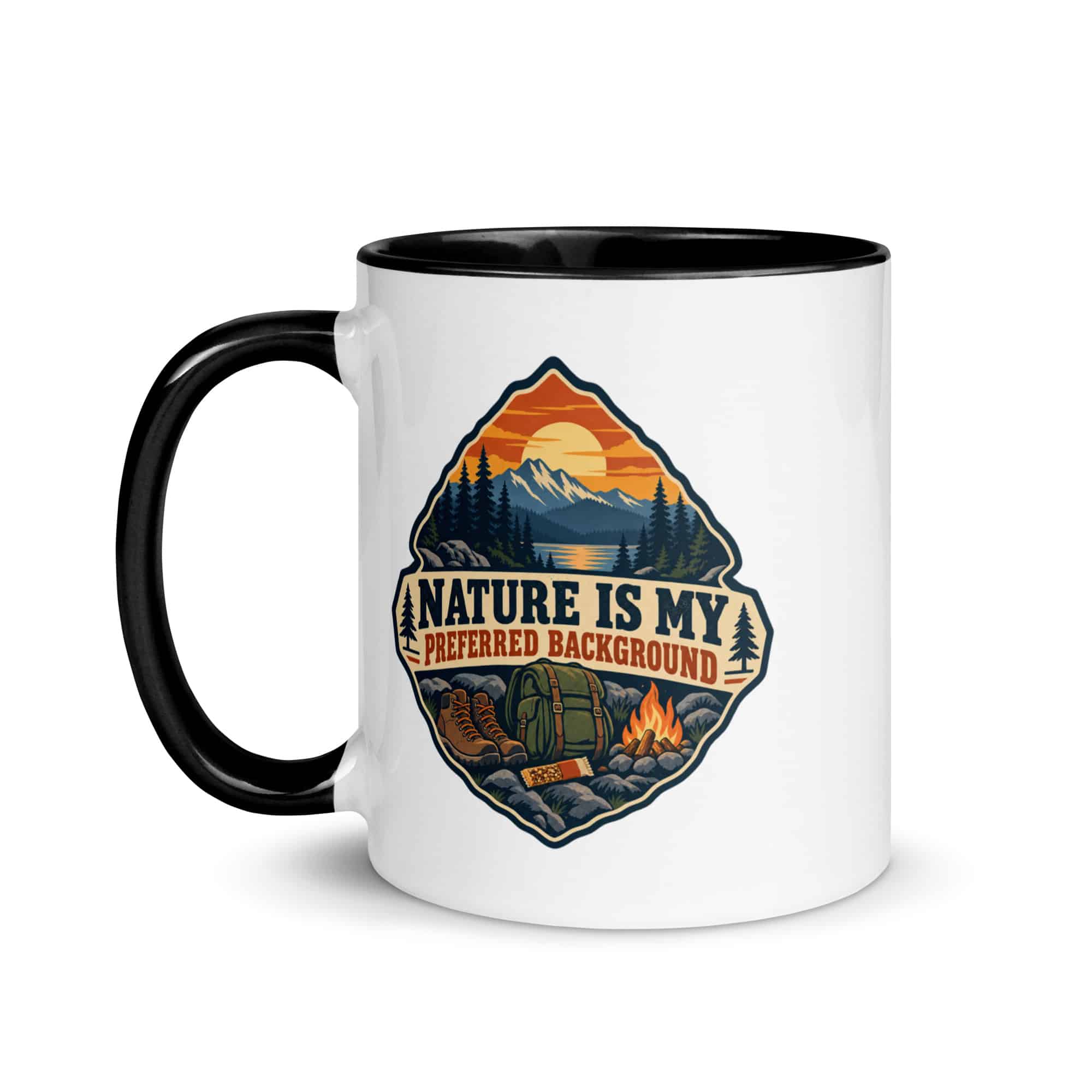 Nature and Adventure Color Inside Coffee Mug: Nature Is My Preferred Background, Scenic Shield Badge