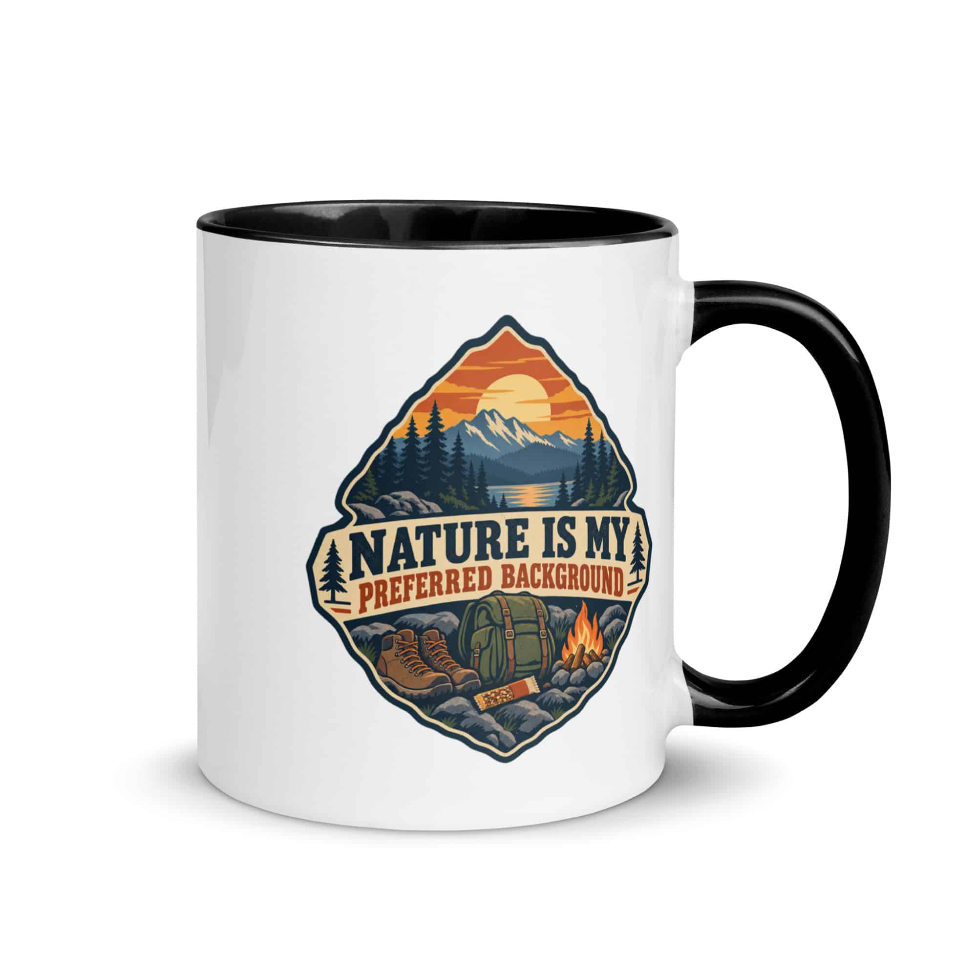 Nature and Adventure Color Inside Coffee Mug: Nature Is My Preferred Background, Scenic Shield Badge