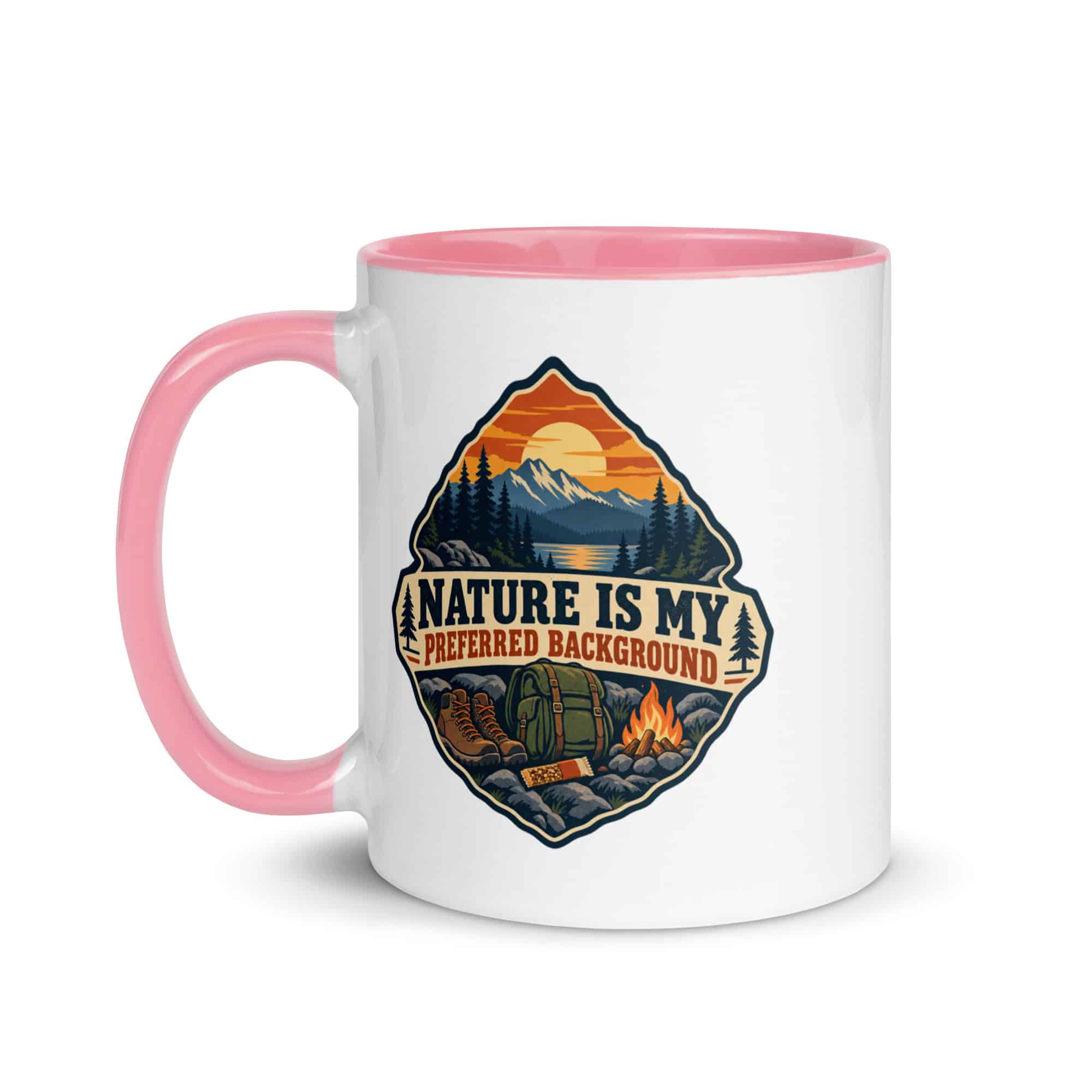 Nature and Adventure Color Inside Coffee Mug: Nature Is My Preferred Background, Scenic Shield Badge