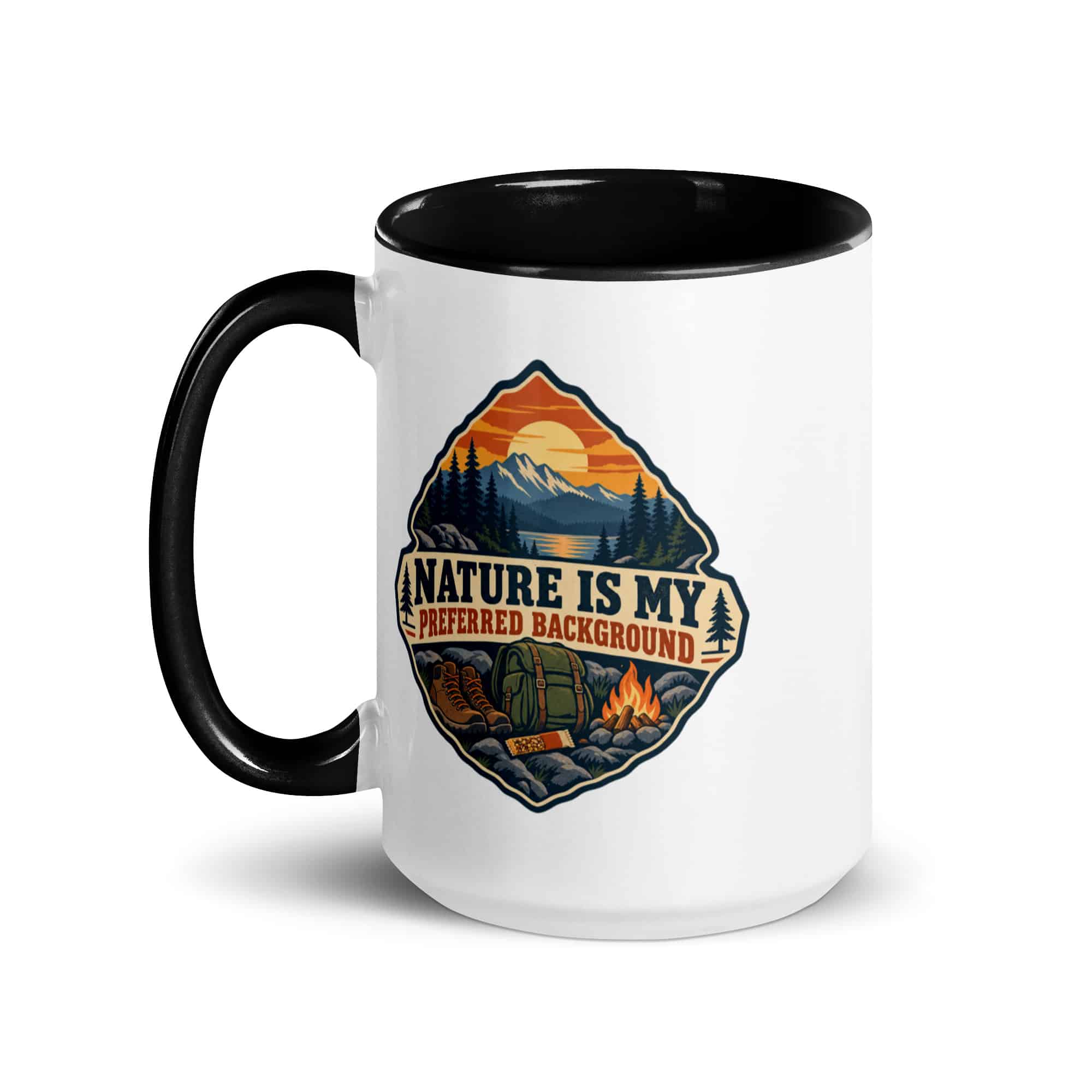 Nature and Adventure Color Inside Coffee Mug: Nature Is My Preferred Background, Scenic Shield Badge