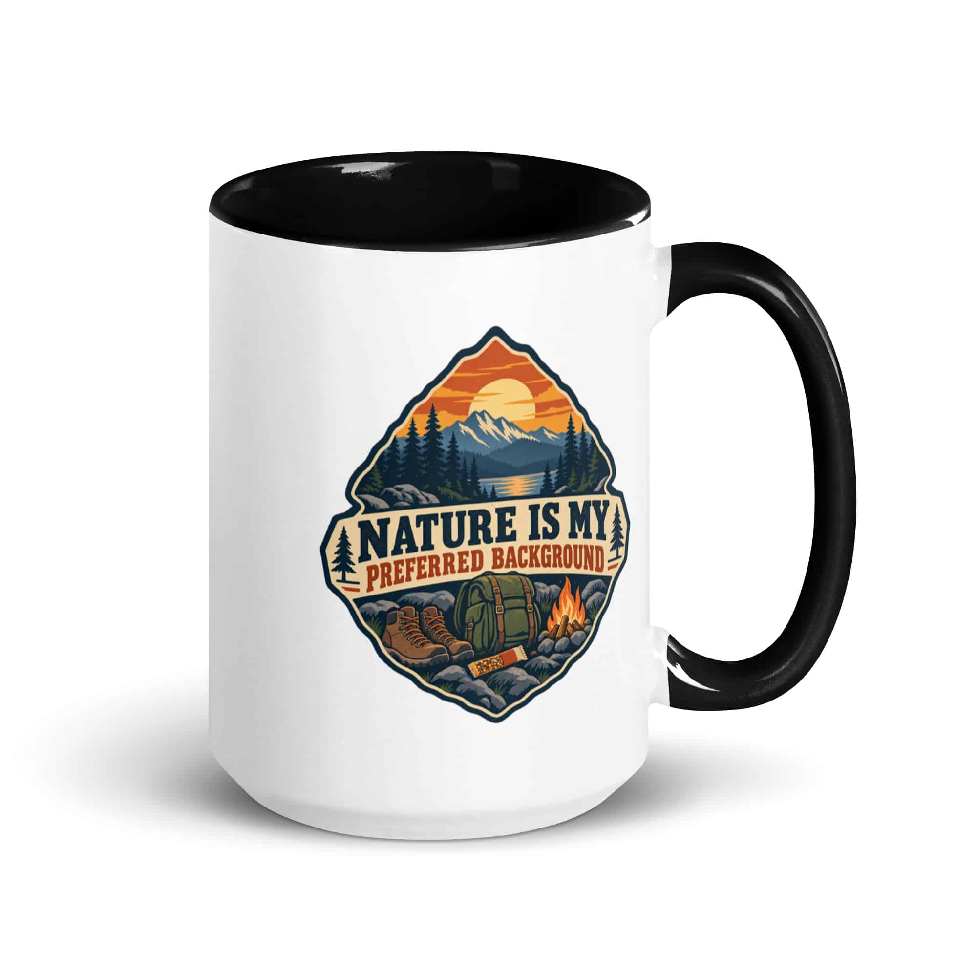 Nature and Adventure Color Inside Coffee Mug: Nature Is My Preferred Background, Scenic Shield Badge