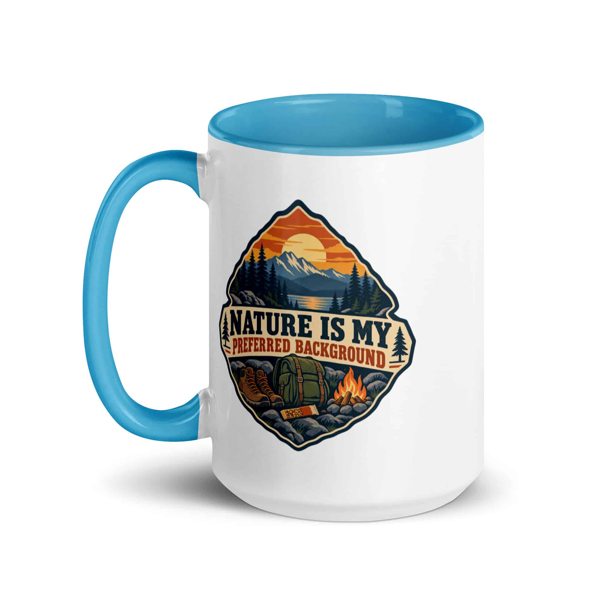 Nature and Adventure Color Inside Coffee Mug: Nature Is My Preferred Background, Scenic Shield Badge