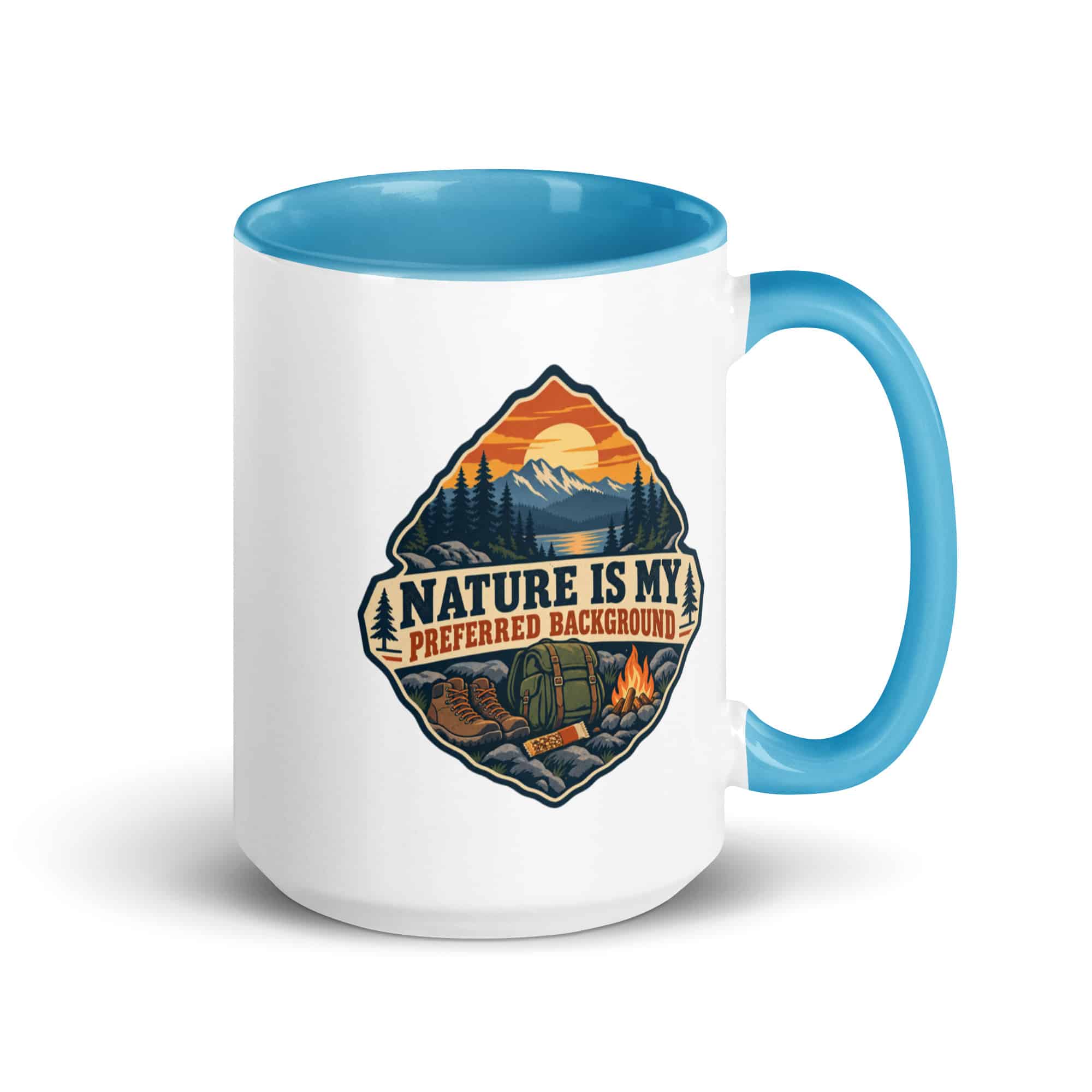 Nature and Adventure Color Inside Coffee Mug: Nature Is My Preferred Background, Scenic Shield Badge