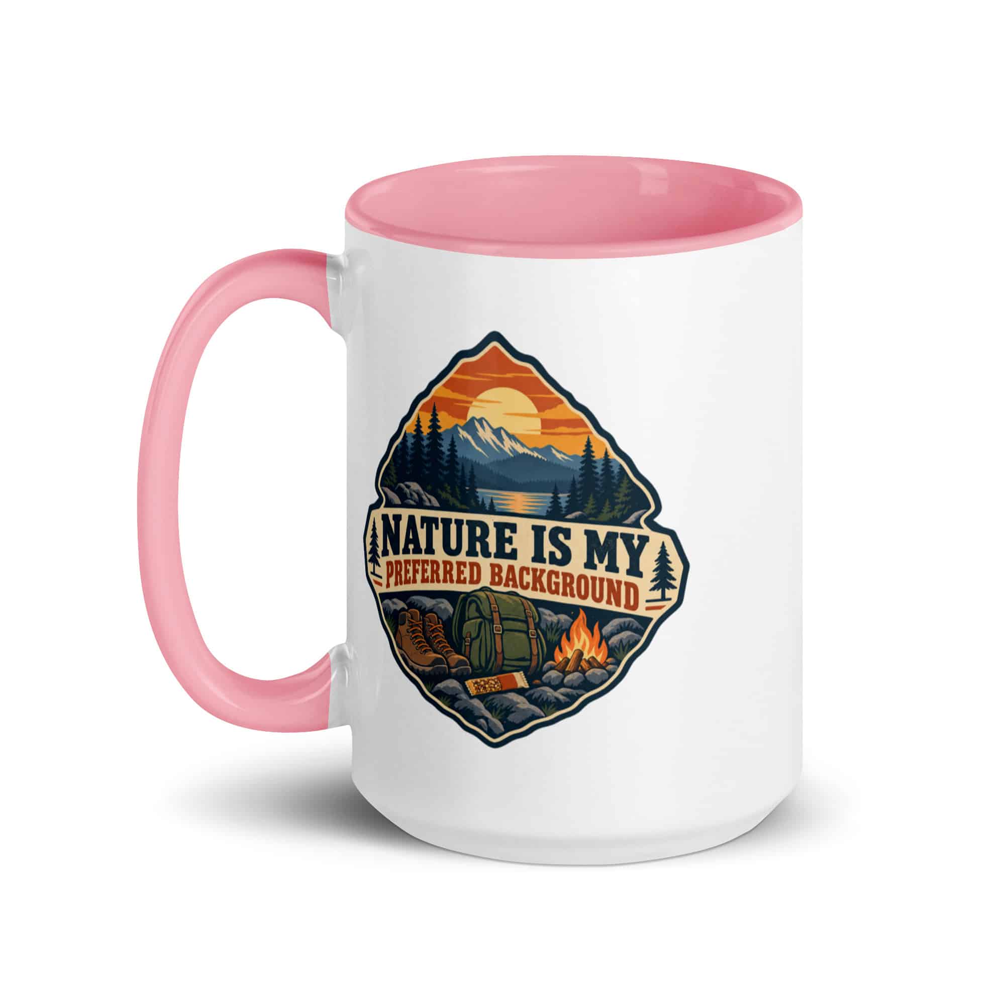 Nature and Adventure Color Inside Coffee Mug: Nature Is My Preferred Background, Scenic Shield Badge