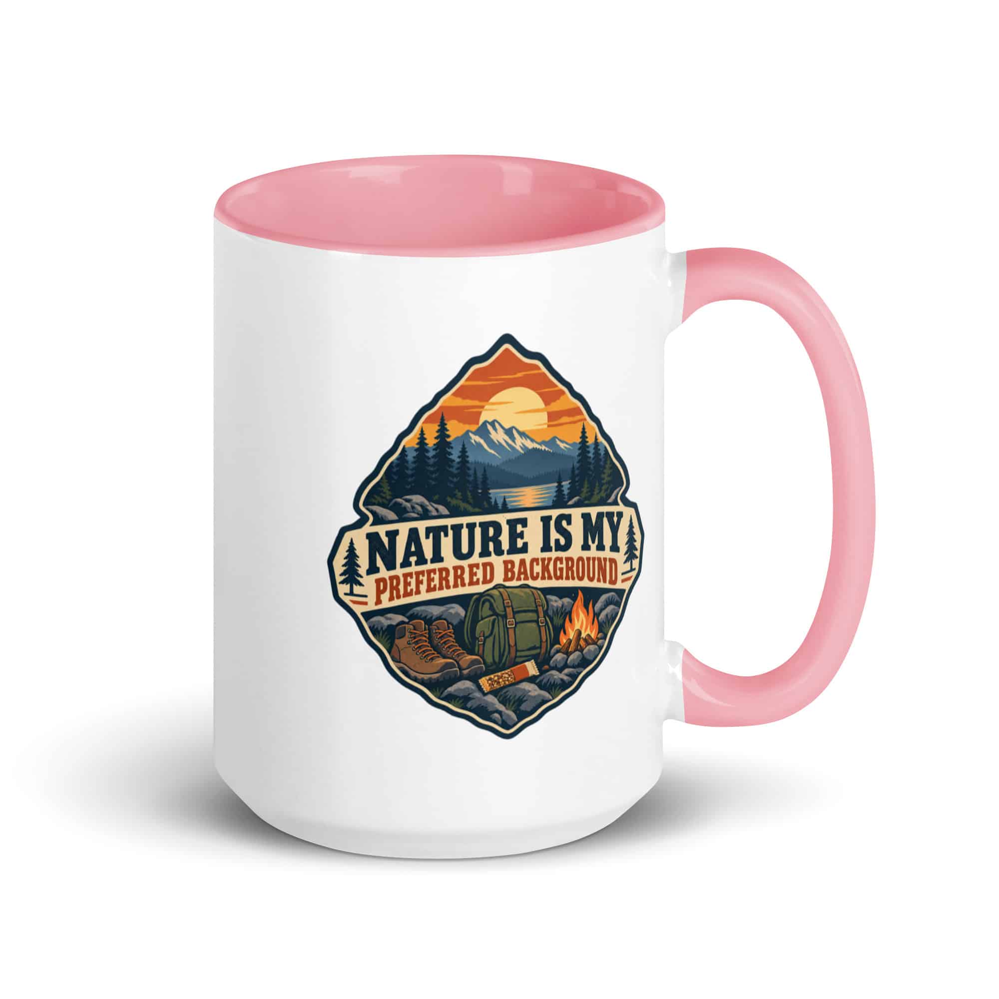 Nature and Adventure Color Inside Coffee Mug: Nature Is My Preferred Background, Scenic Shield Badge