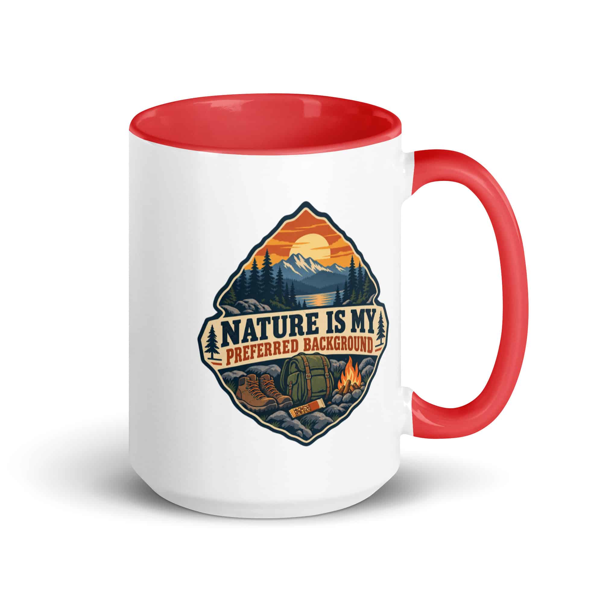 Nature and Adventure Color Inside Coffee Mug: Nature Is My Preferred Background, Scenic Shield Badge