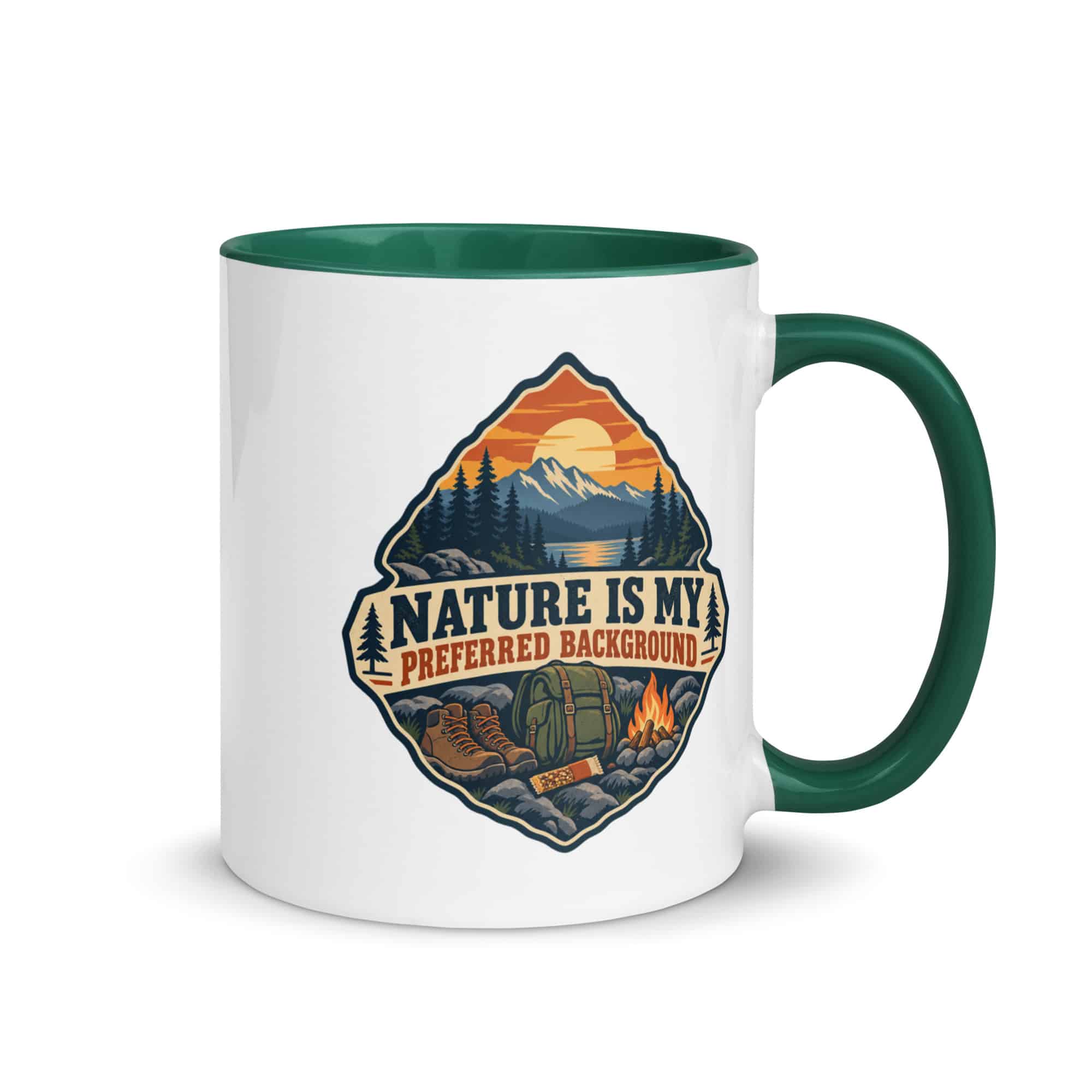 Nature and Adventure Color Inside Coffee Mug: Nature Is My Preferred Background, Scenic Shield Badge