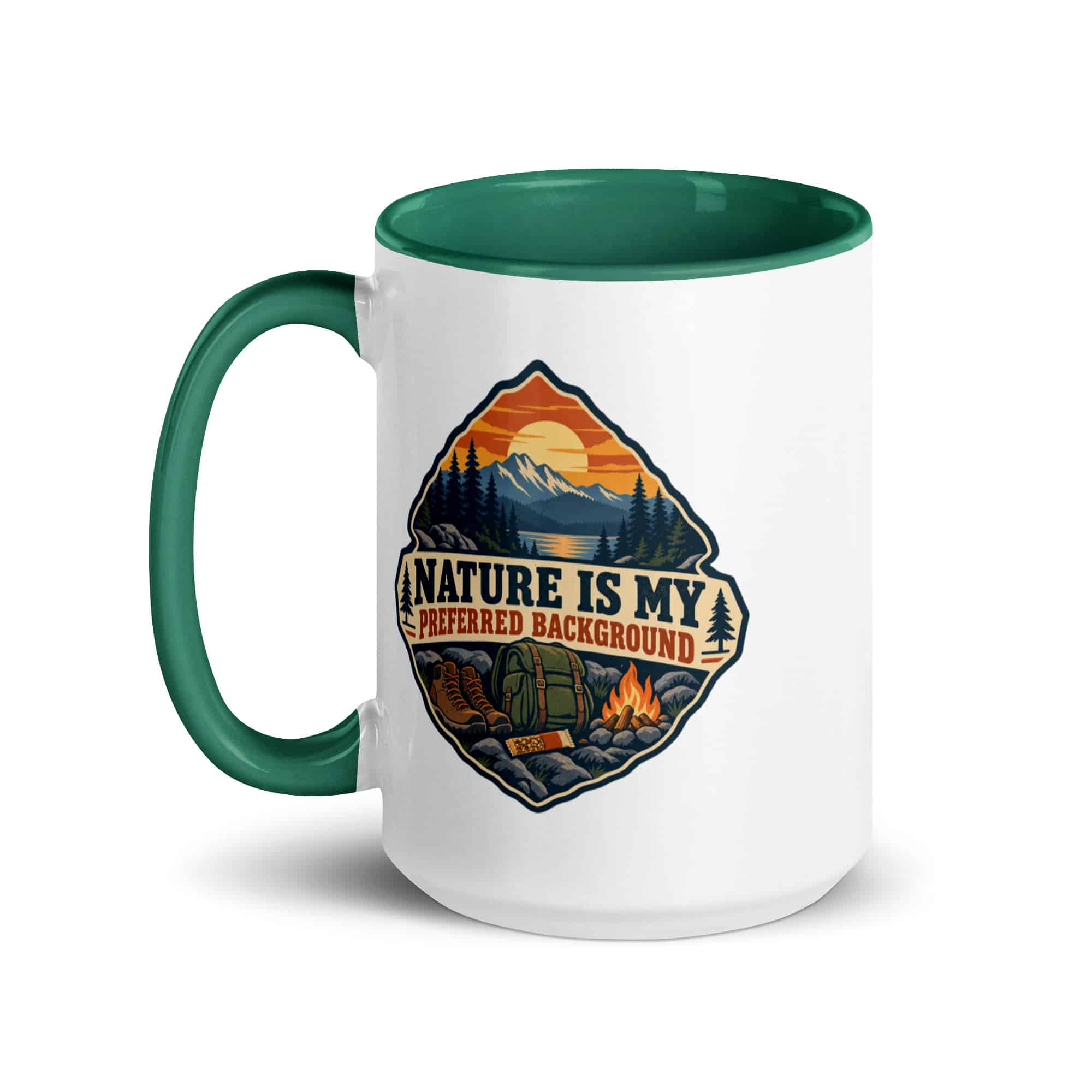 Nature and Adventure Color Inside Coffee Mug: Nature Is My Preferred Background, Scenic Shield Badge