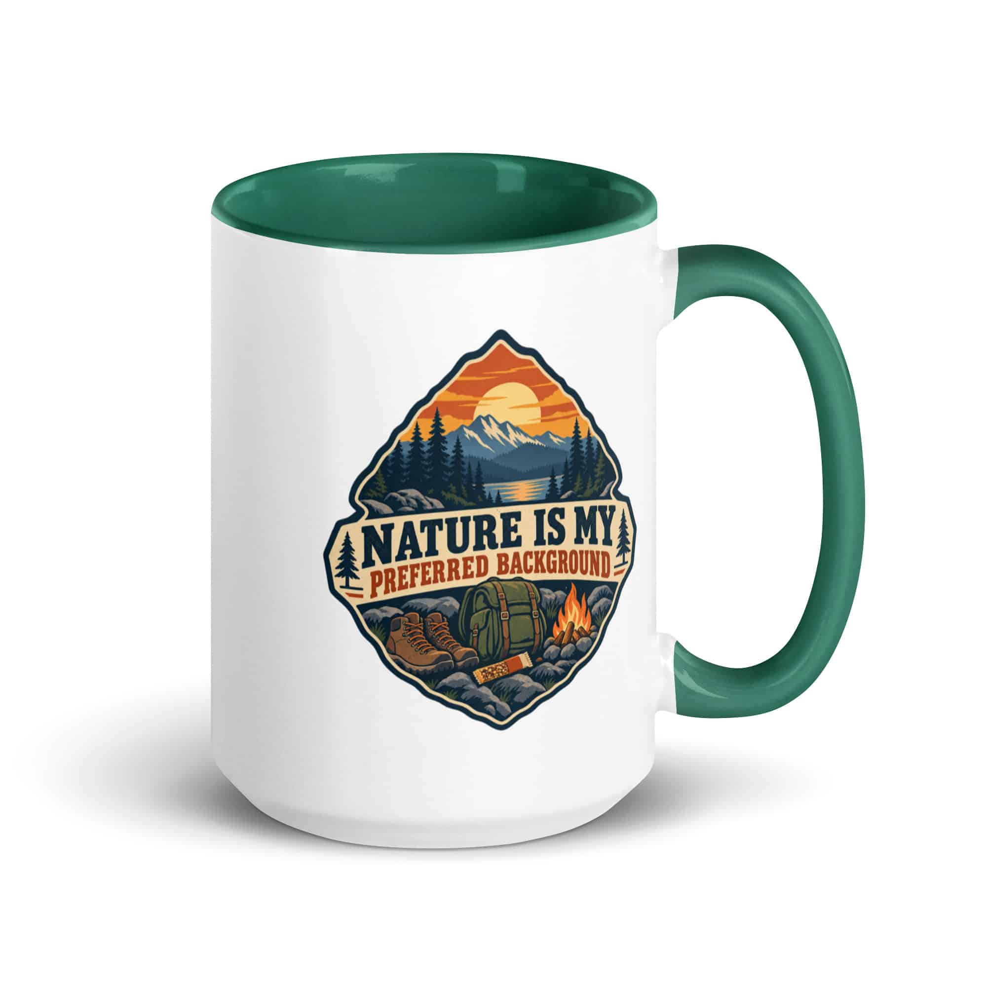 Nature and Adventure Color Inside Coffee Mug: Nature Is My Preferred Background, Scenic Shield Badge
