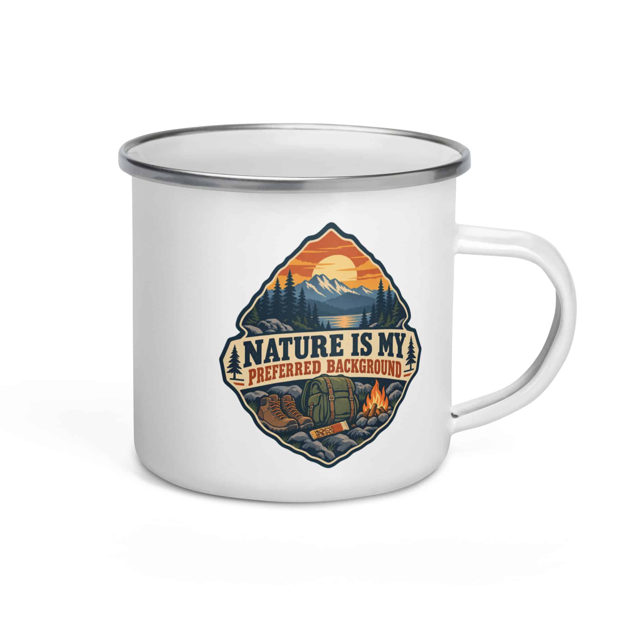 Nature and Adventure Enamel Camp Mug: Nature Is My Preferred Background, Scenic Shield Badge