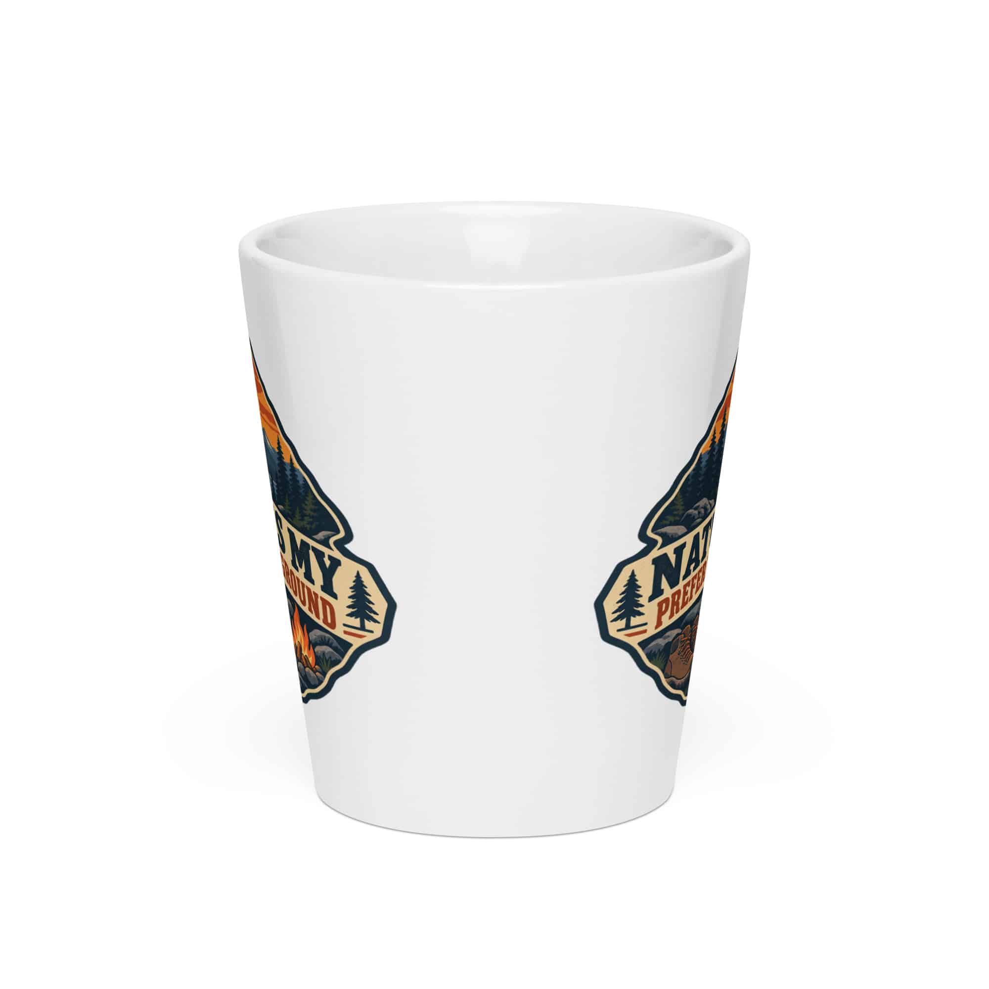 Nature and Adventure Latte Mug: Nature Is My Preferred Background, Scenic Shield Badge