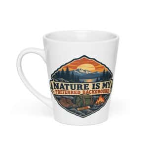 Nature and Adventure Latte Mug: Nature Is My Preferred Background, Scenic Shield Badge - 12 oz - Main