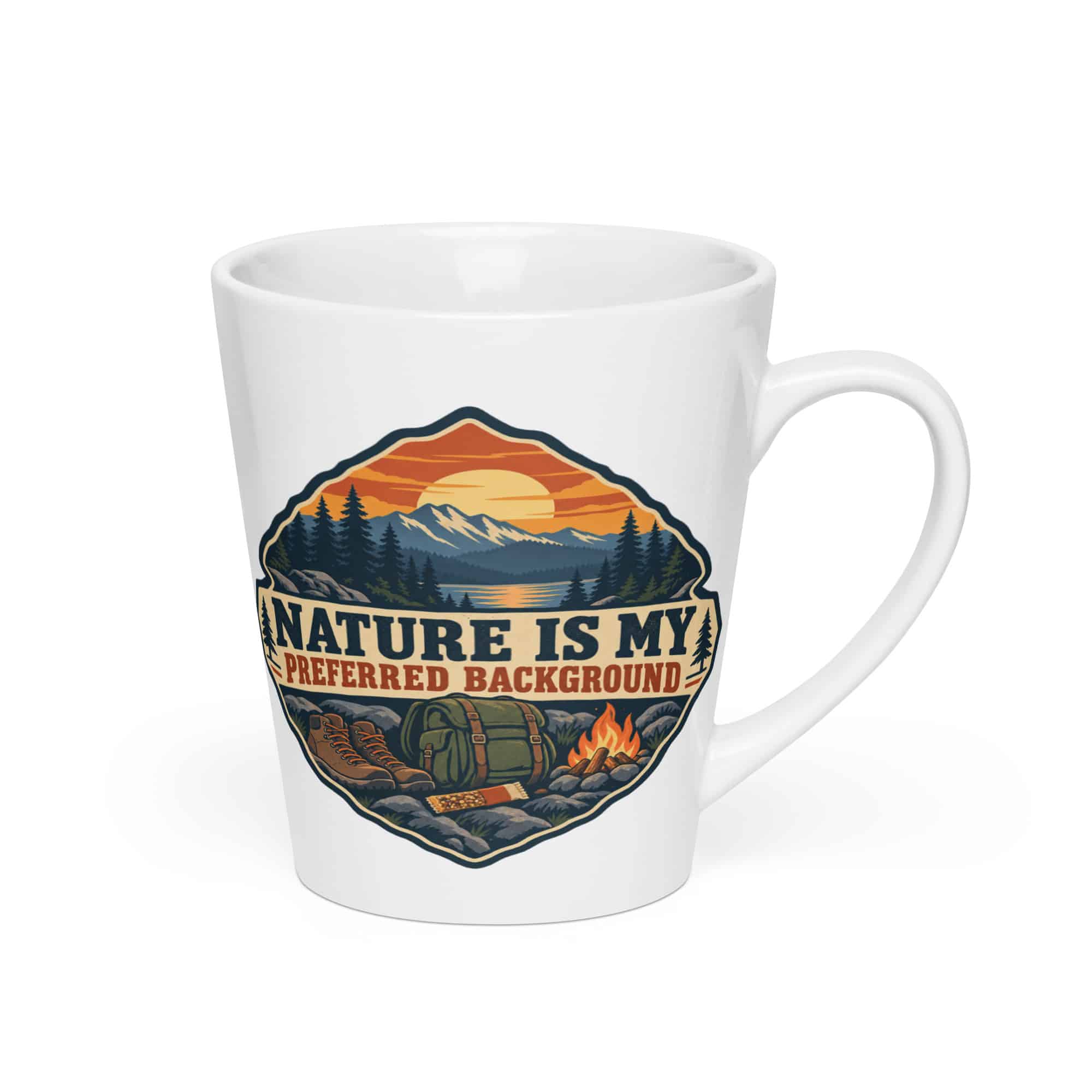 Nature and Adventure Latte Mug: Nature Is My Preferred Background, Scenic Shield Badge