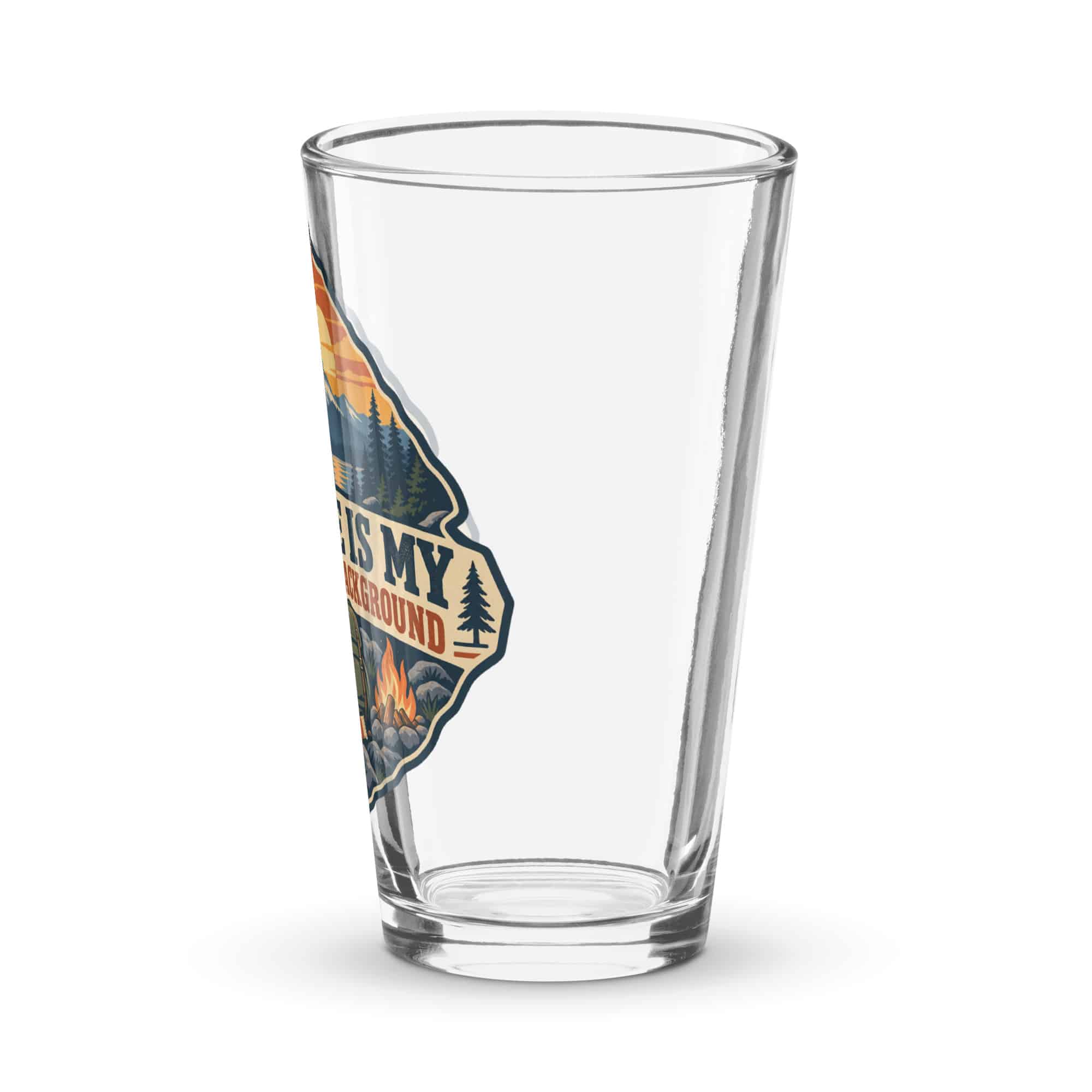 Nature and Adventure Pint Glass: Nature Is My Preferred Background, Scenic Shield Badge