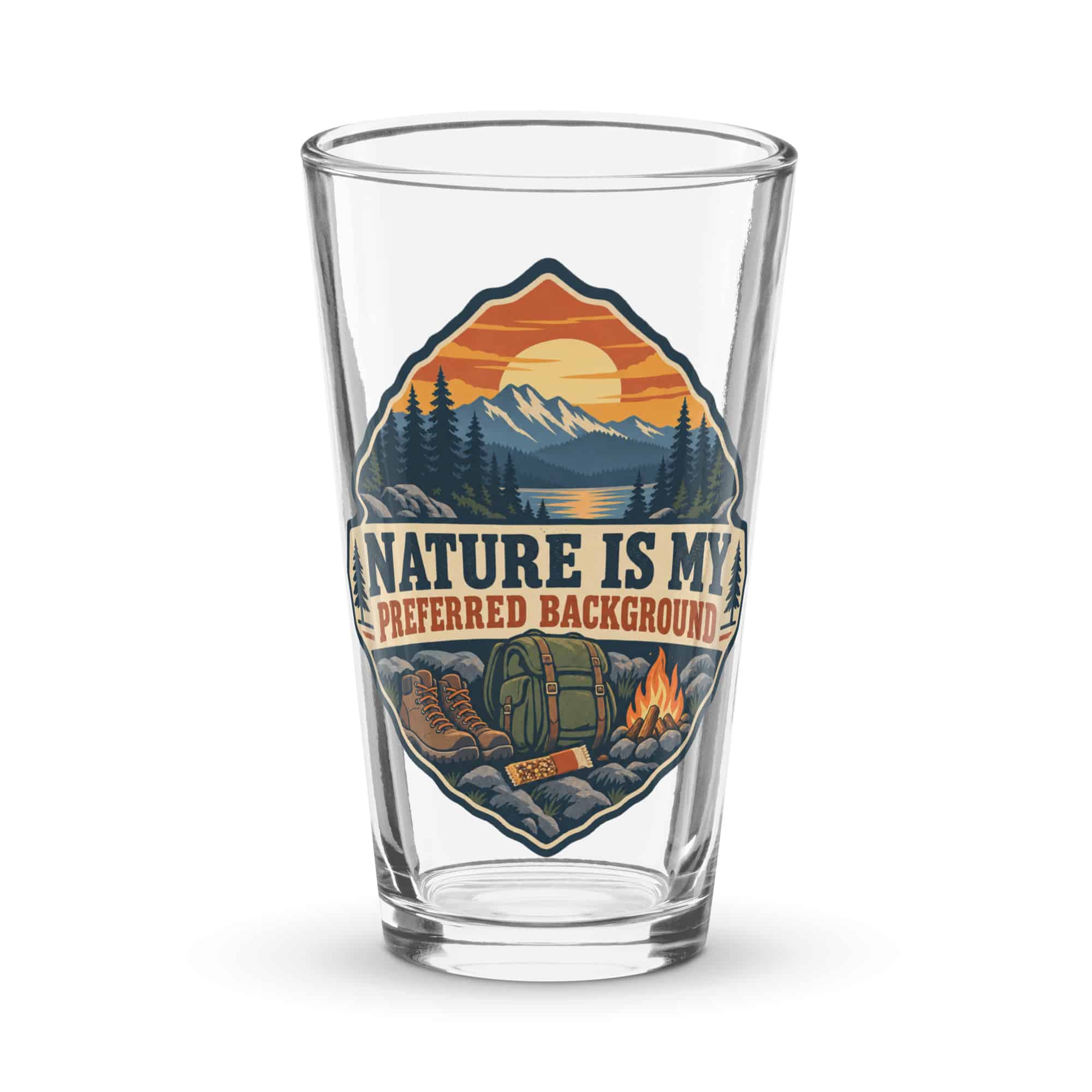 Nature and Adventure Pint Glass: Nature Is My Preferred Background, Scenic Shield Badge