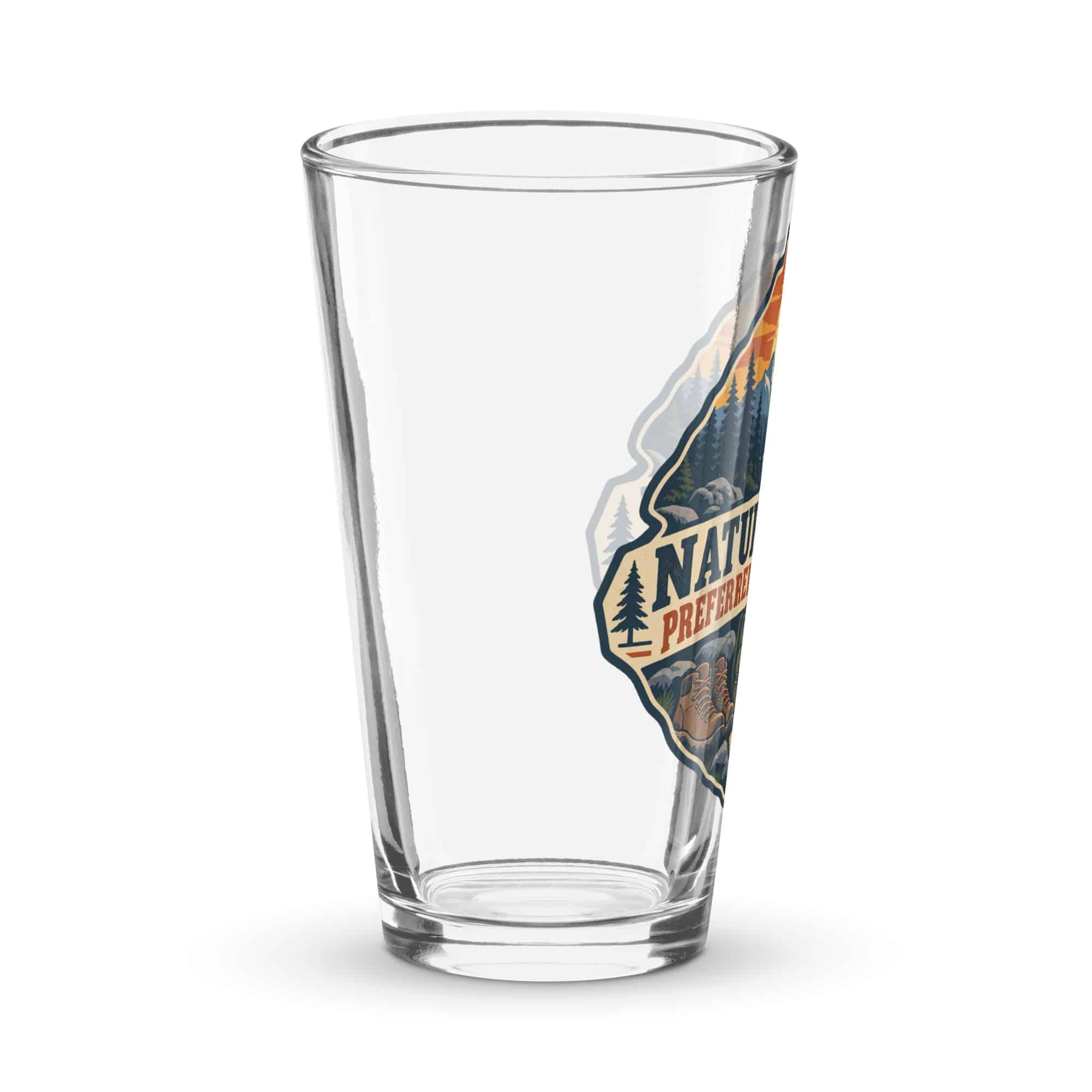 Nature and Adventure Pint Glass: Nature Is My Preferred Background, Scenic Shield Badge