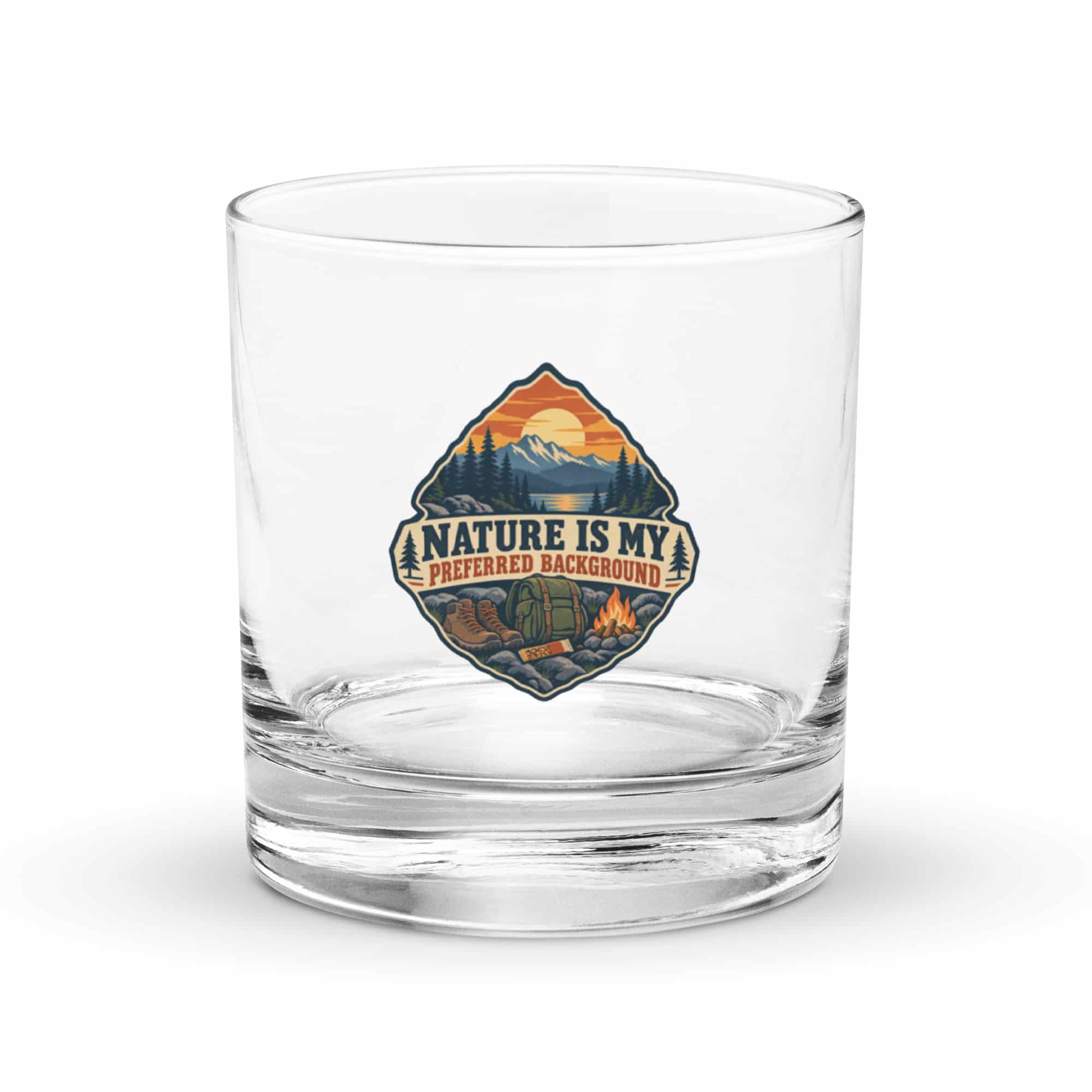 Nature and Adventure Rocks Glass: Nature Is My Preferred Background, Scenic Shield Badge