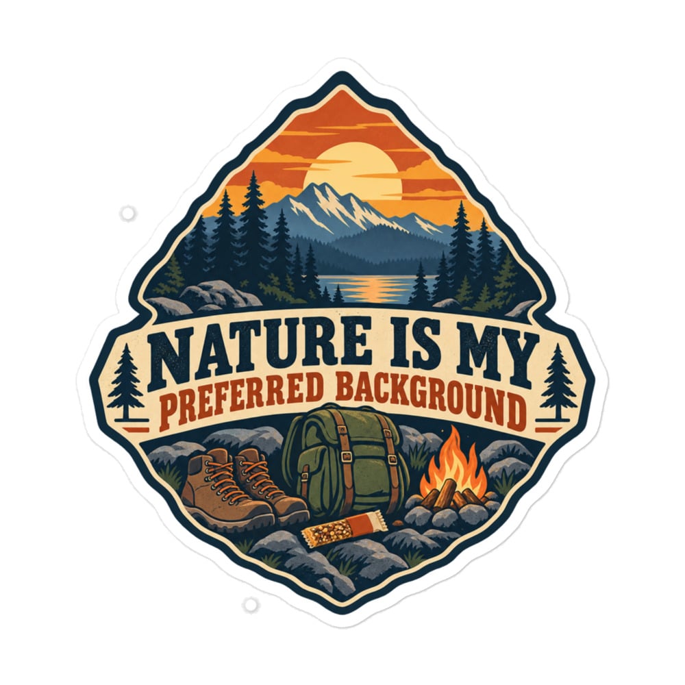 Nature and Adventure Vinyl Sticker: Nature Is My Preferred Background, Scenic Shield Badge
