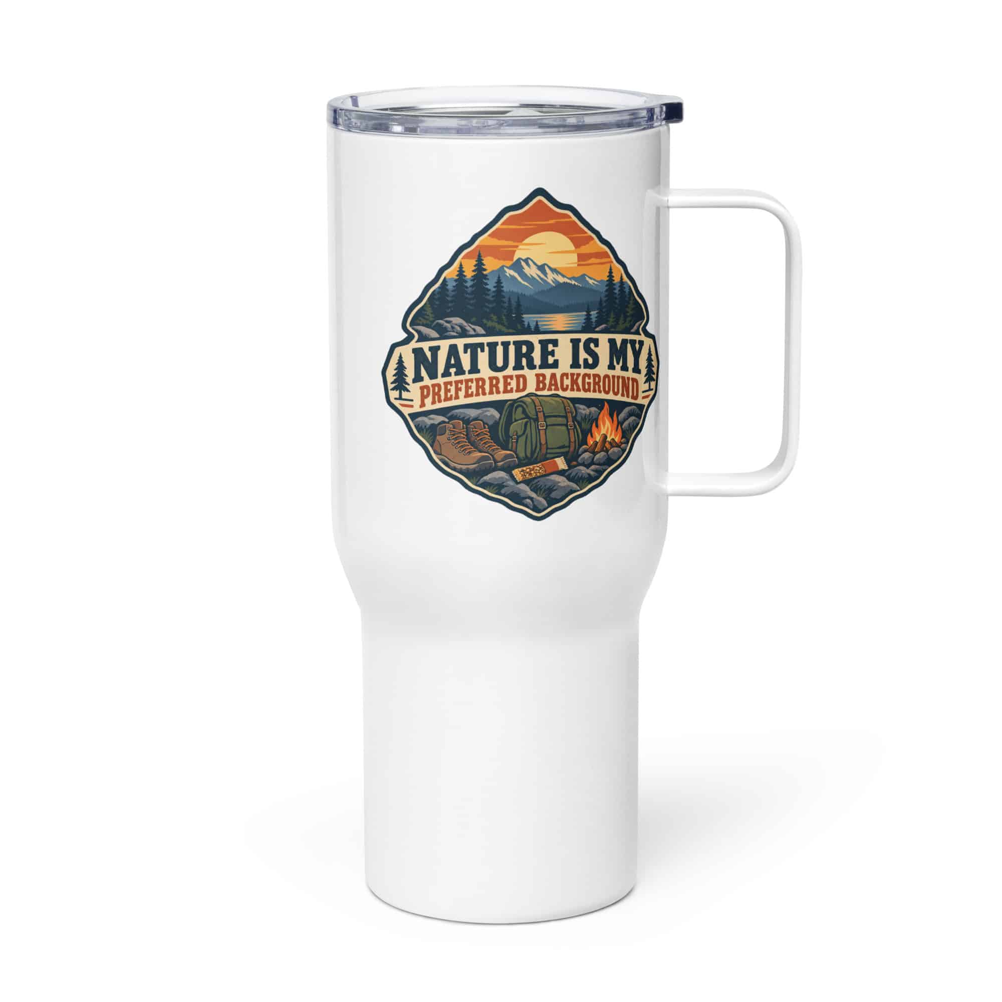Nature and Adventure Travel Mug: Nature Is My Preferred Background, Scenic Shield Badge