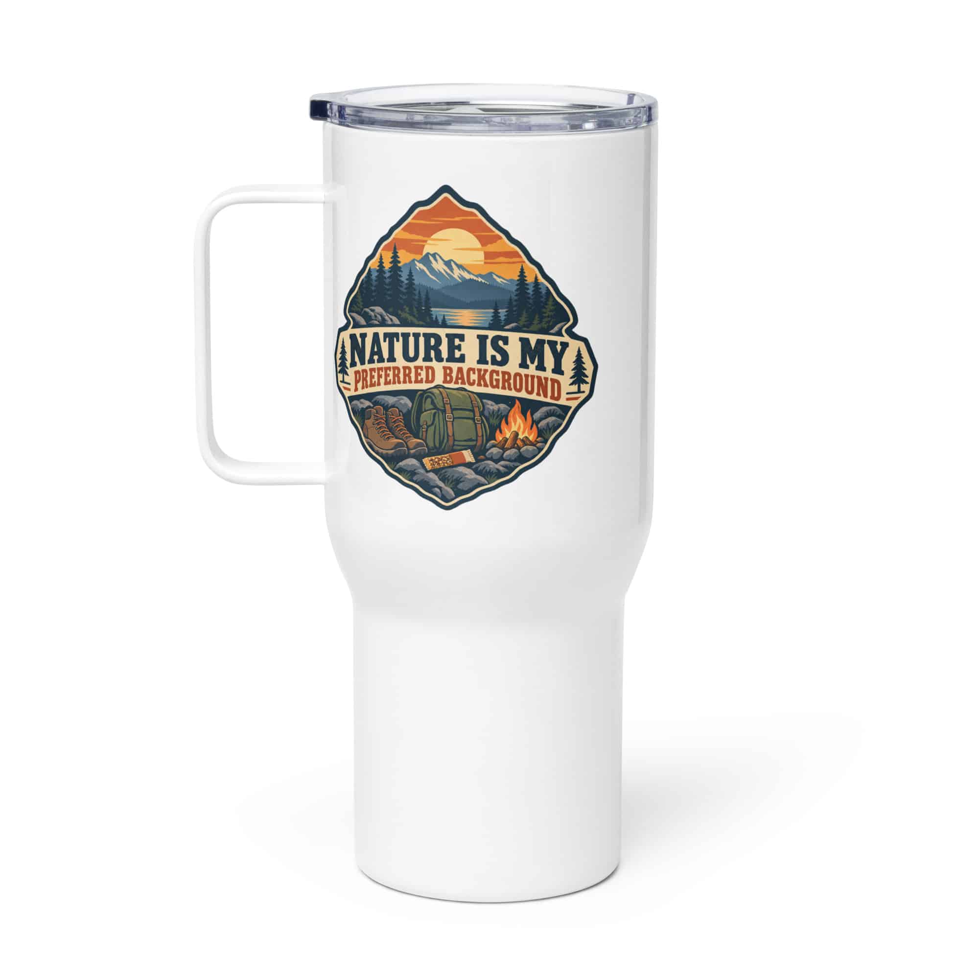 Nature and Adventure Travel Mug: Nature Is My Preferred Background, Scenic Shield Badge